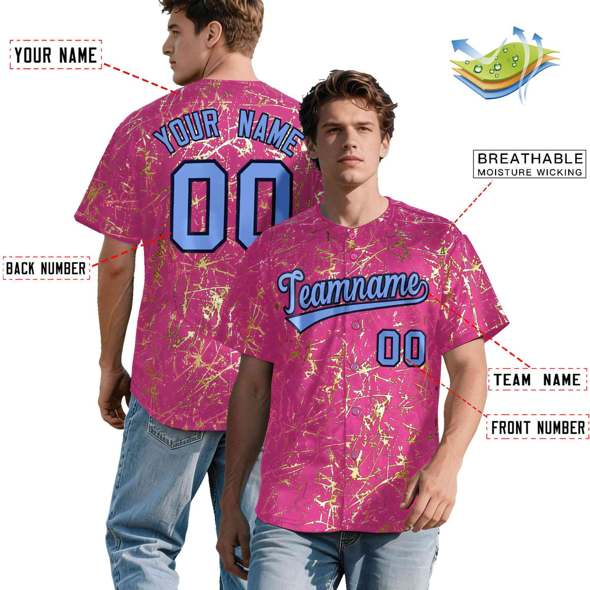 Custom Pink Light Blue Black&Gold Marble Print Clubwear Party Streetwear Baseball Jersey| KXKSHOP