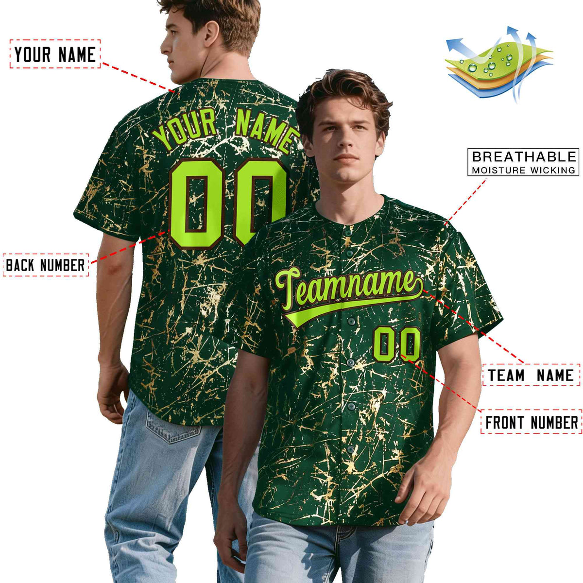 Custom Green Neon Green Black&Gold Marble Print Clubwear Party Streetwear Baseball Jersey| KXKSHOP