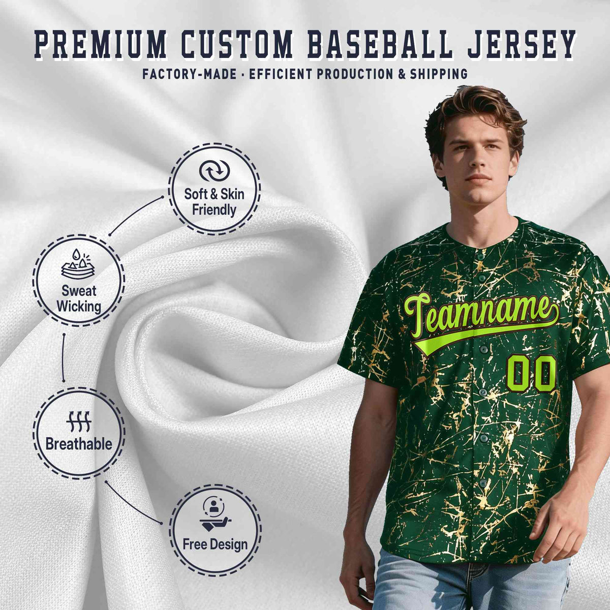 Custom Green Neon Green Black&Gold Marble Print Clubwear Party Streetwear Baseball Jersey| KXKSHOP
