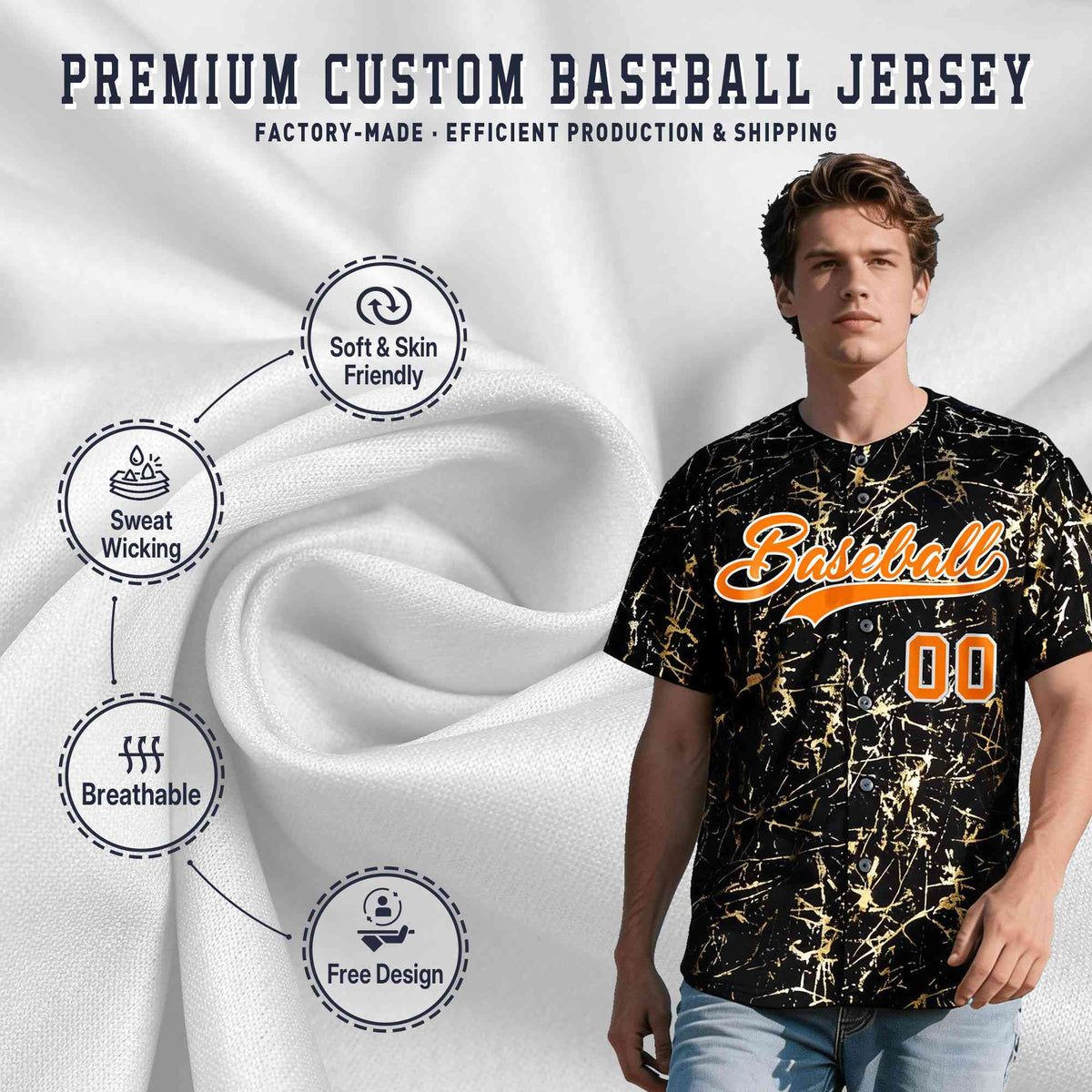 Custom Black Orange Metallic Gold Splatter Urban Streetwear Baseball Jersey
