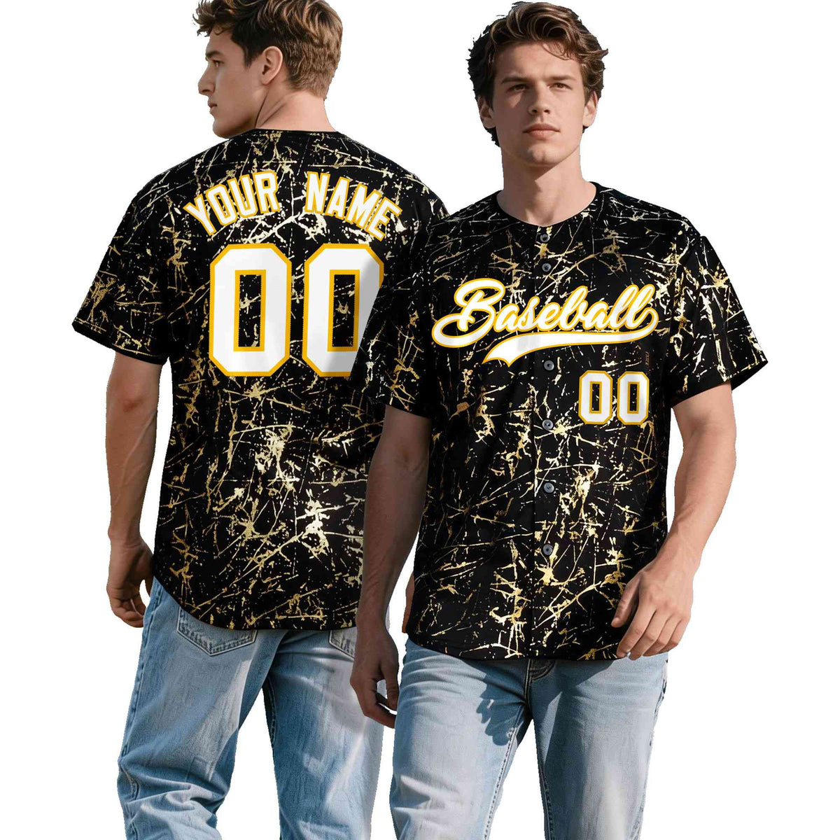Custom Black White Black&Shiny Gold Cracked Foil Hip Hop Button Down Baseball Jersey