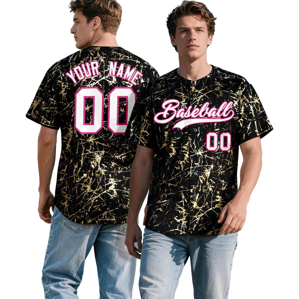 Custom Black White Black&Shiny Gold Cracked Foil Hip Hop Button Down Baseball Jersey