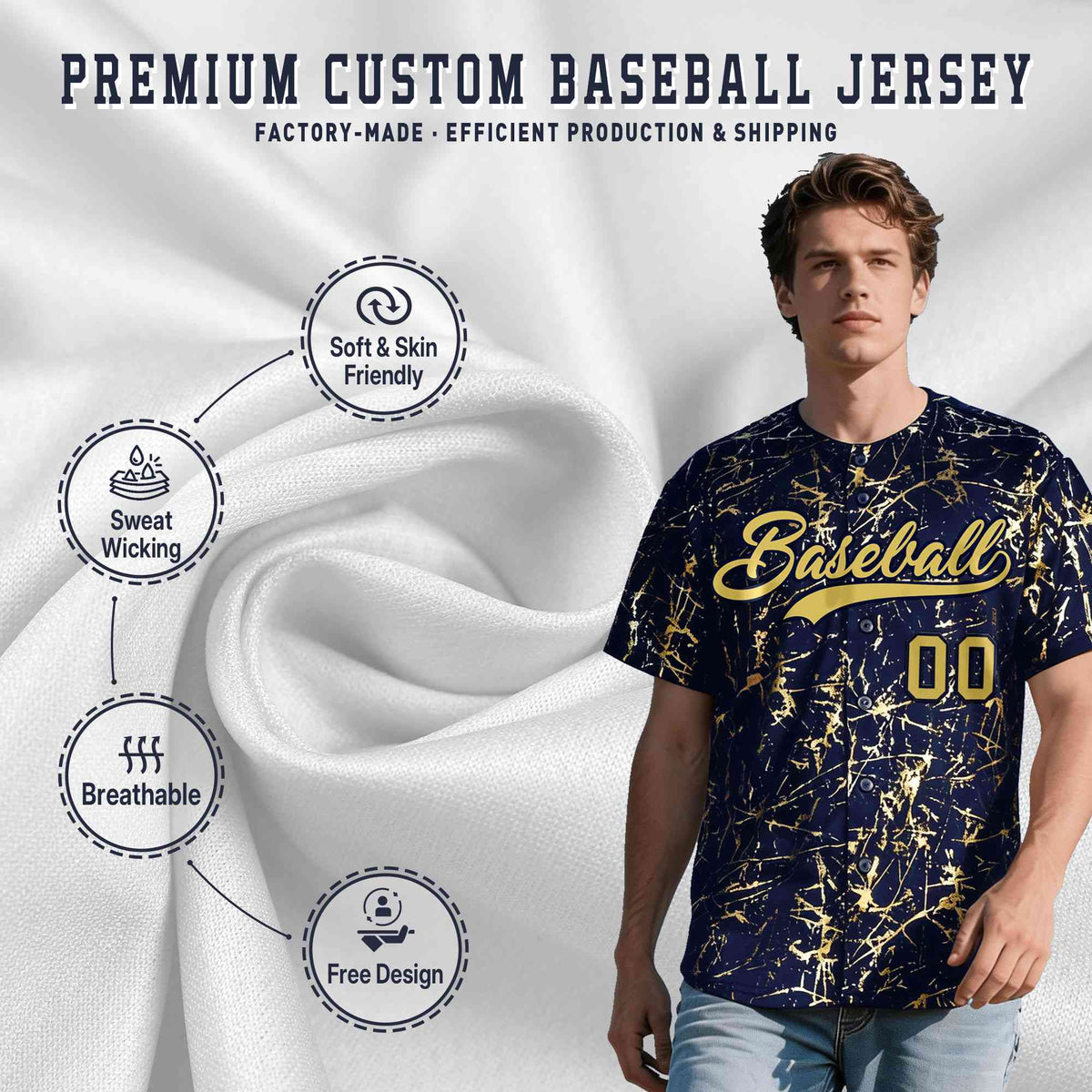 Custom Navy Old Gold Black&Shiny Gold Cracked Foil Hip Hop Button Down Baseball Jersey