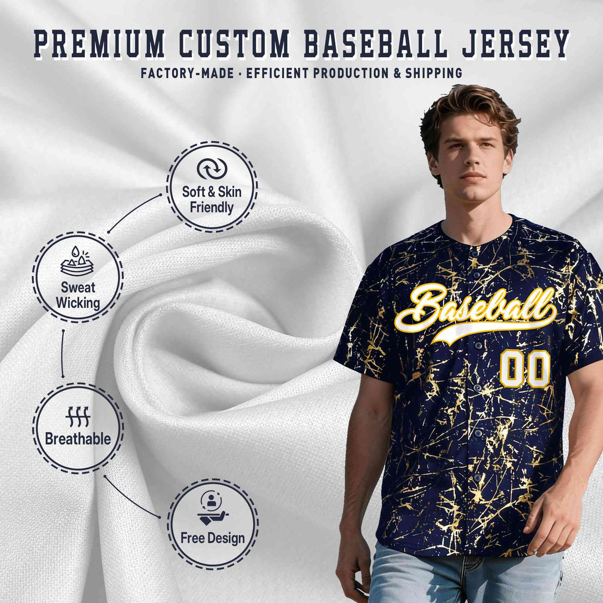 Custom Navy White Black&Shiny Gold Cracked Foil Breathable Mesh Streetwear Baseball Jersey