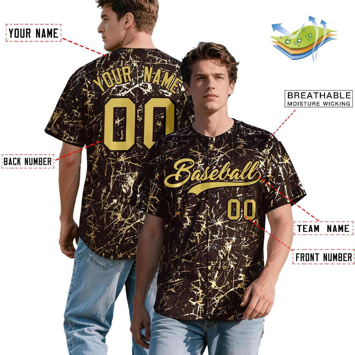 Custom Brown Old Gold Black&Shiny Gold Cracked Foil Hip Hop Button Down Baseball Jersey