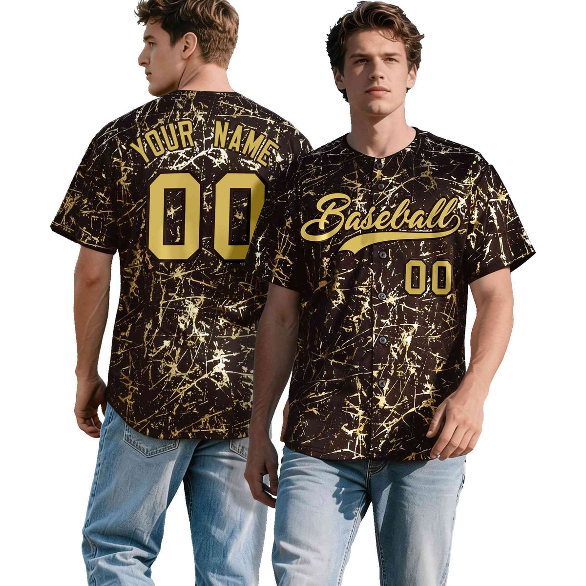Custom Brown Old Gold Black&Shiny Gold Cracked Foil Hip Hop Button Down Baseball Jersey