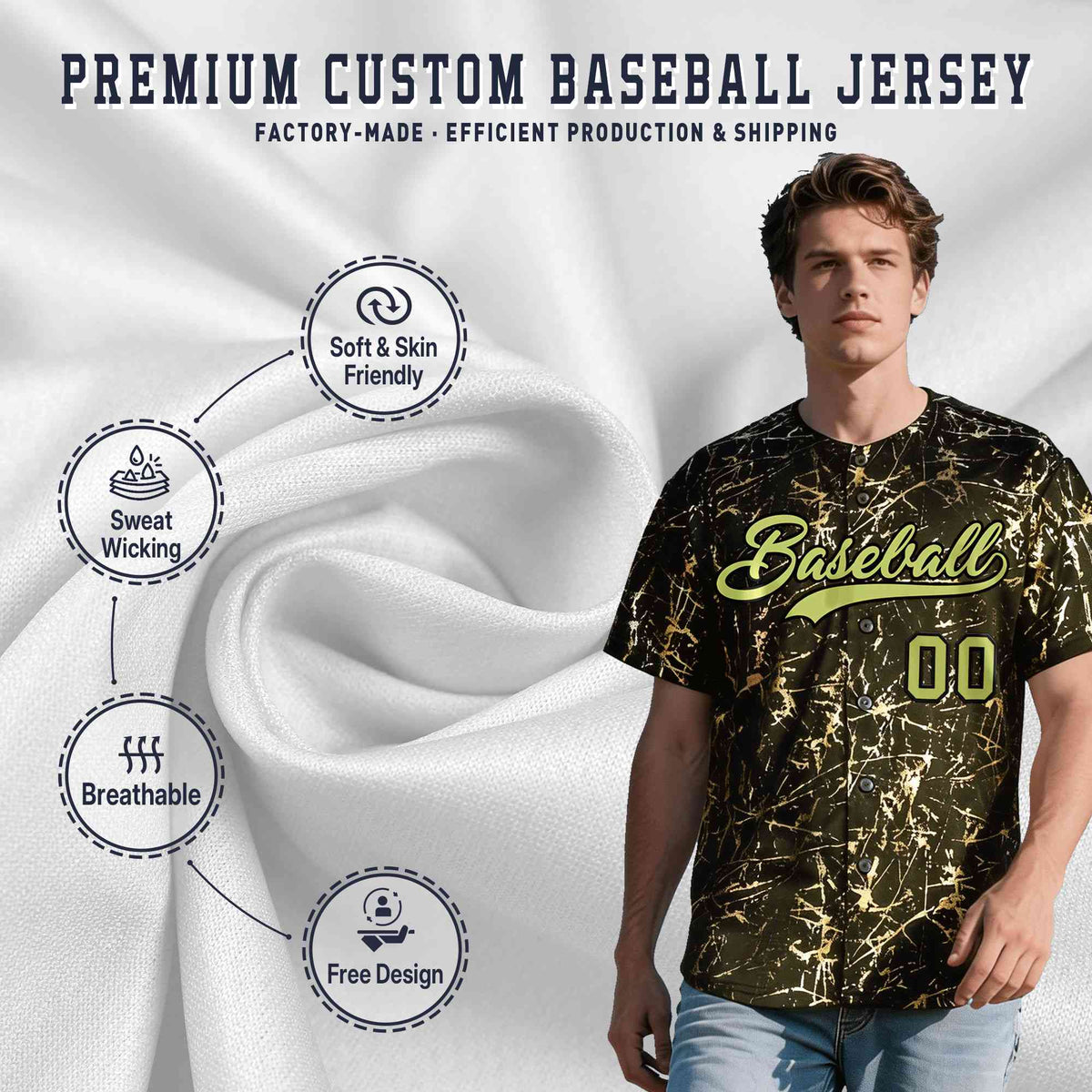 Custom Olive Champagne Black&Gold Marble Print Clubwear Party Streetwear Baseball Jersey
