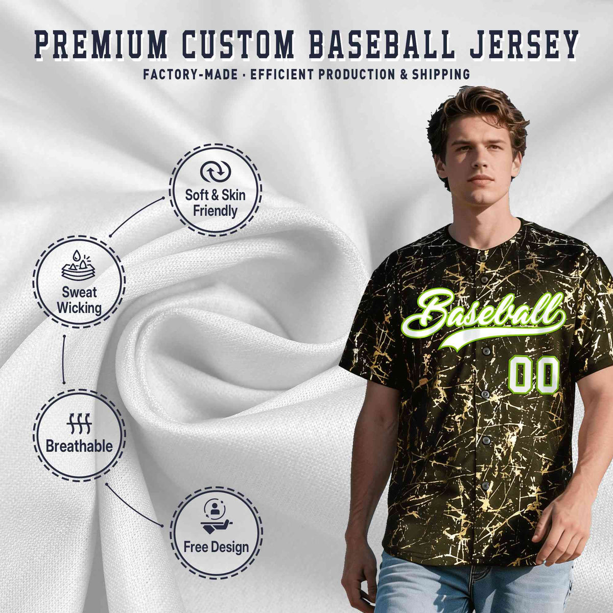 Custom Olive White Black&Shiny Gold Cracked Foil Breathable Mesh Streetwear Baseball Jersey