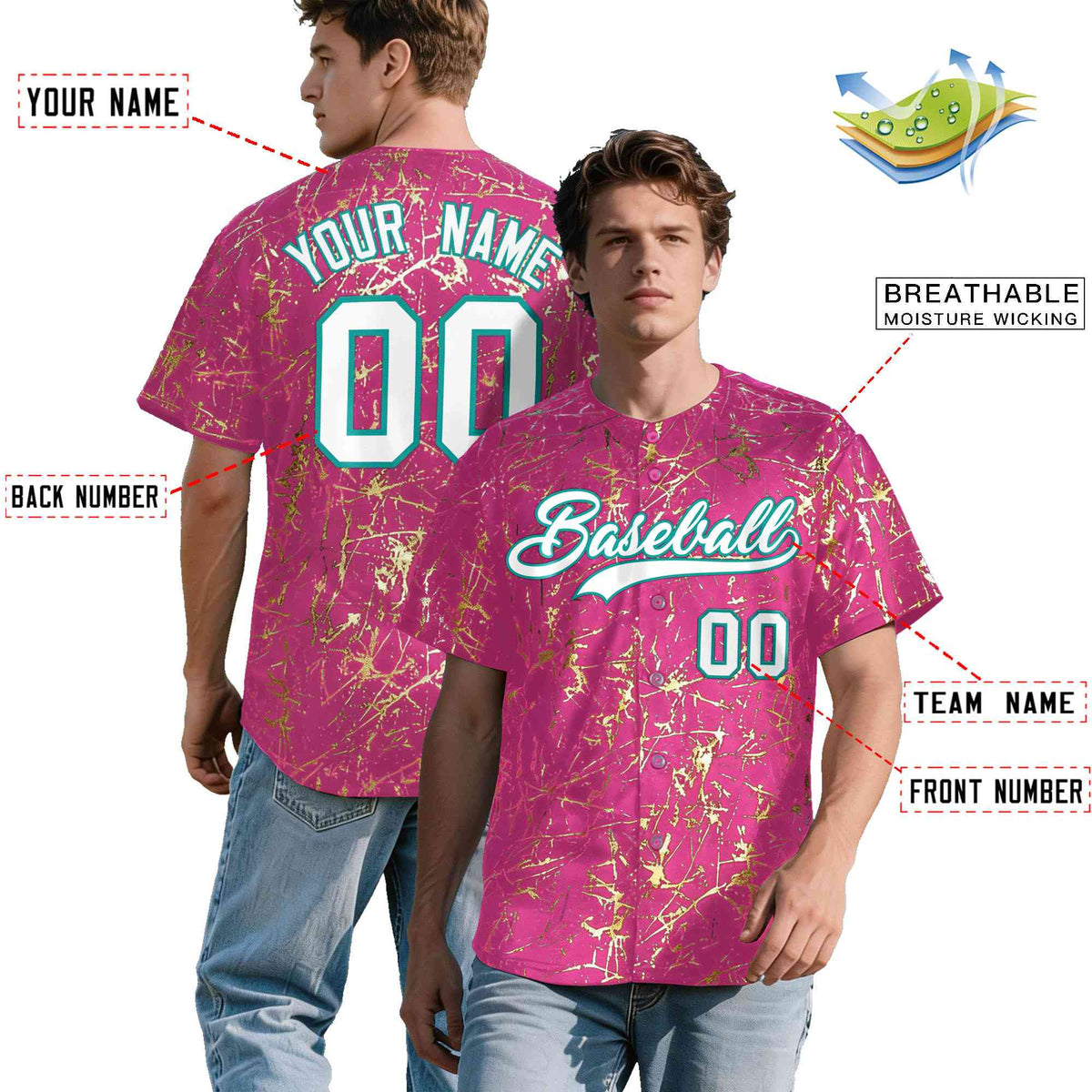 Custom Pink White Black&Shiny Gold Cracked Foil Breathable Mesh Streetwear Baseball Jersey