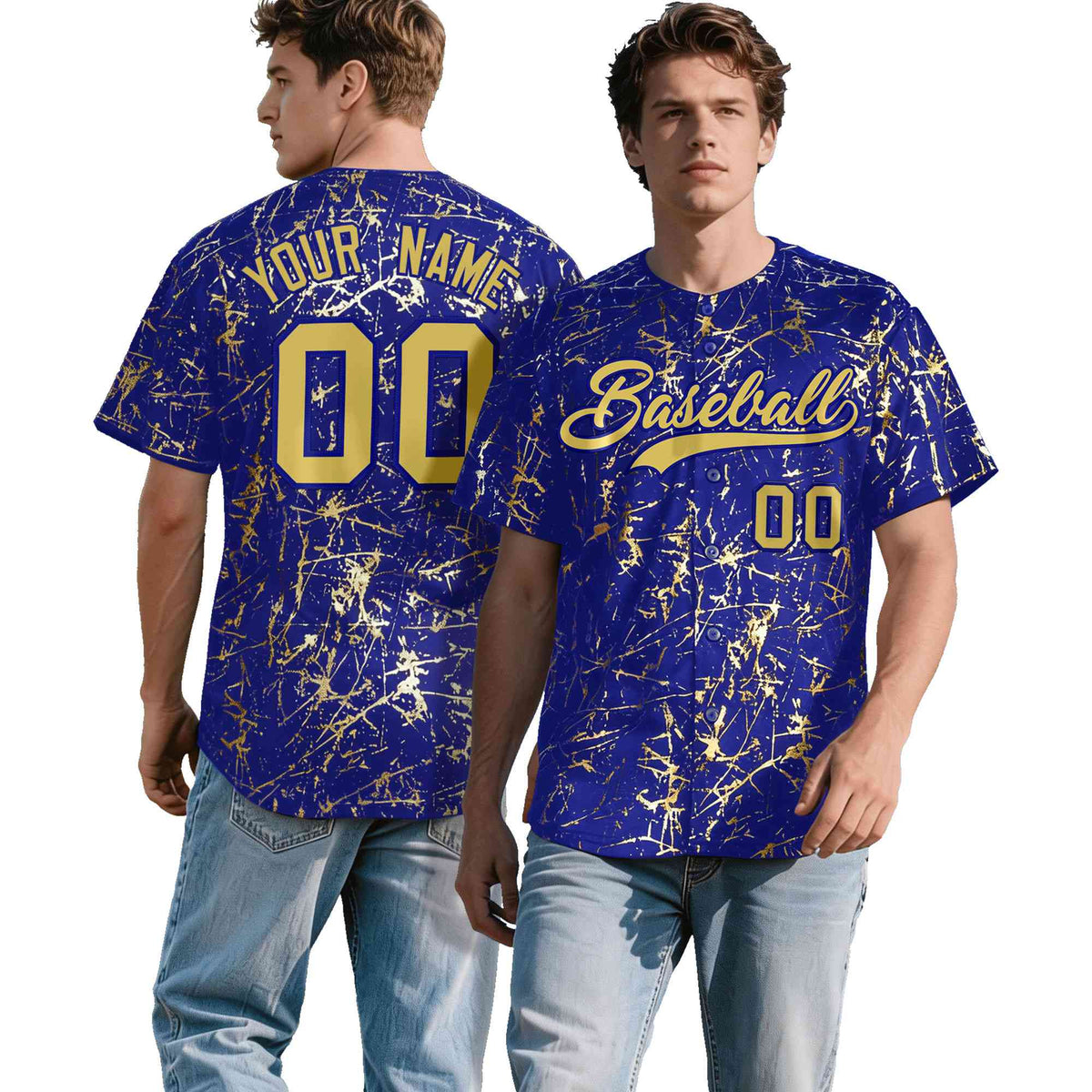 Custom Royal Old Gold Black&Shiny Gold Cracked Foil Hip Hop Button Down Baseball Jersey