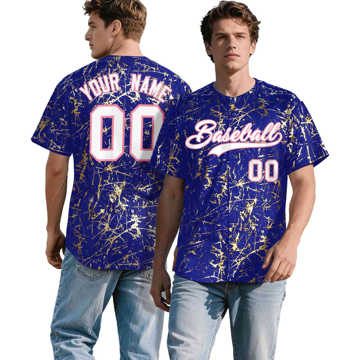 Custom Royal White Black&Shiny Gold Cracked Foil Breathable Mesh Streetwear Baseball Jersey