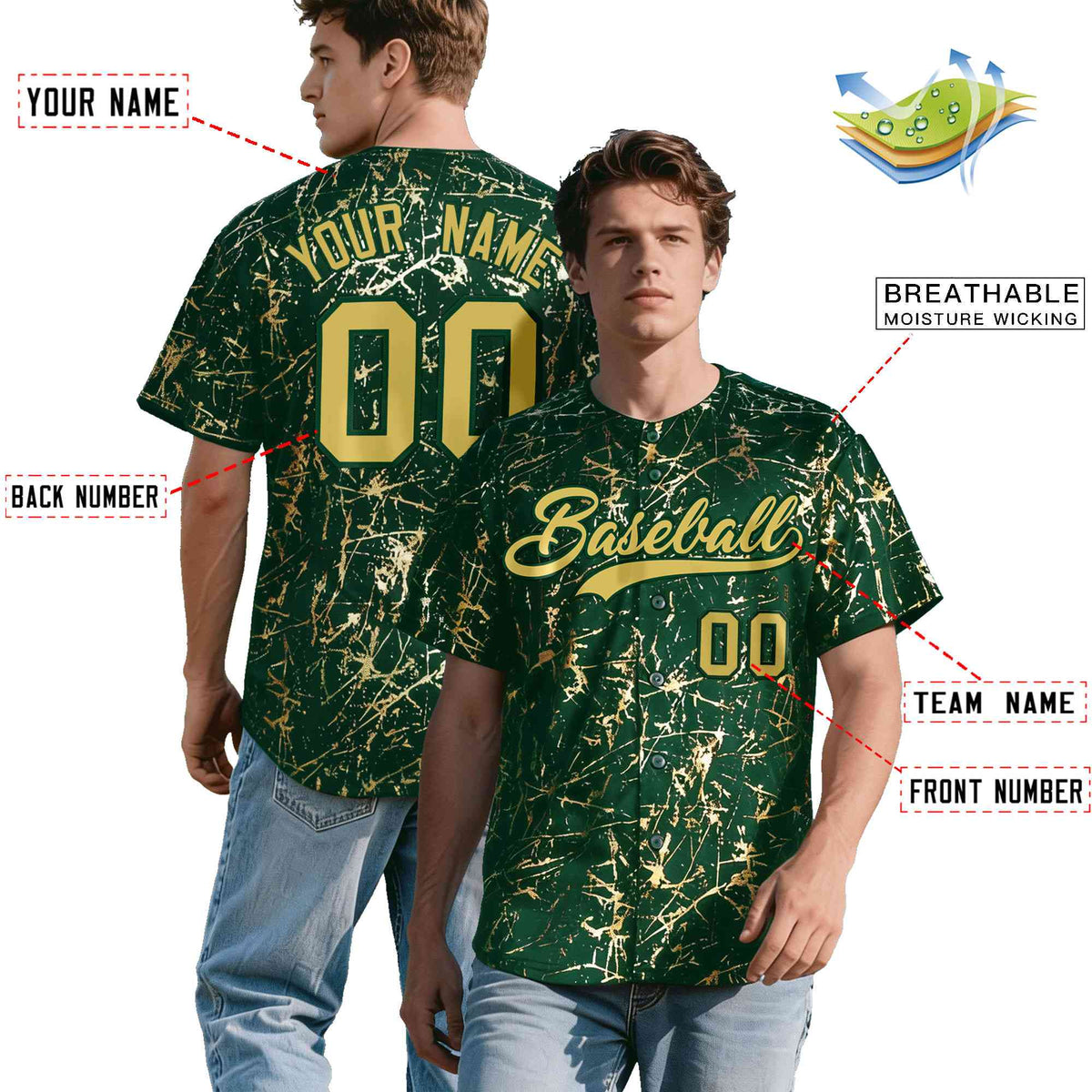 Custom Green Old Gold Black&Shiny Gold Cracked Foil Hip Hop Button Down Baseball Jersey