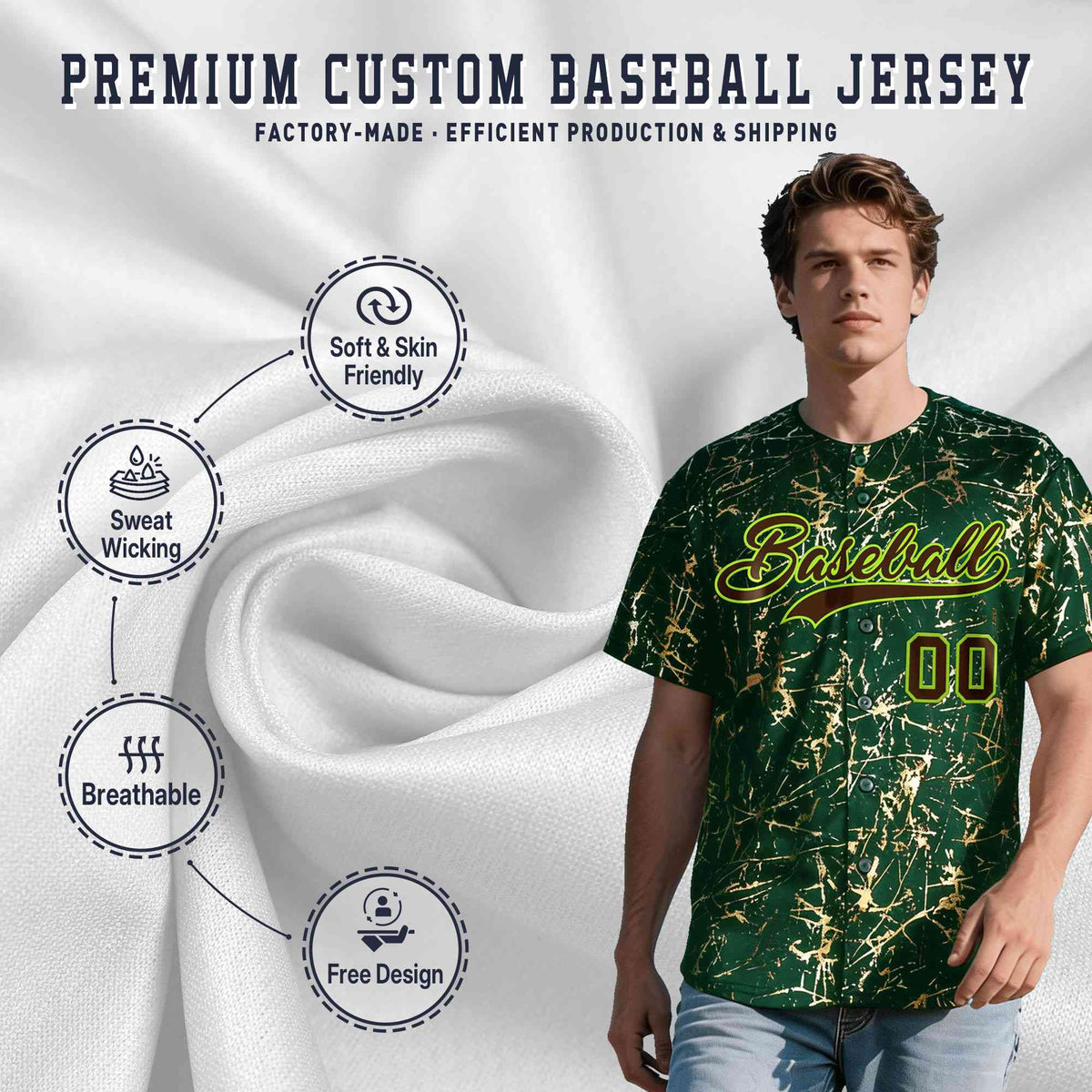 Custom Green Brown Metallic Gold Splatter Breathable&Wrinkle-Resistant Baseball Jersey