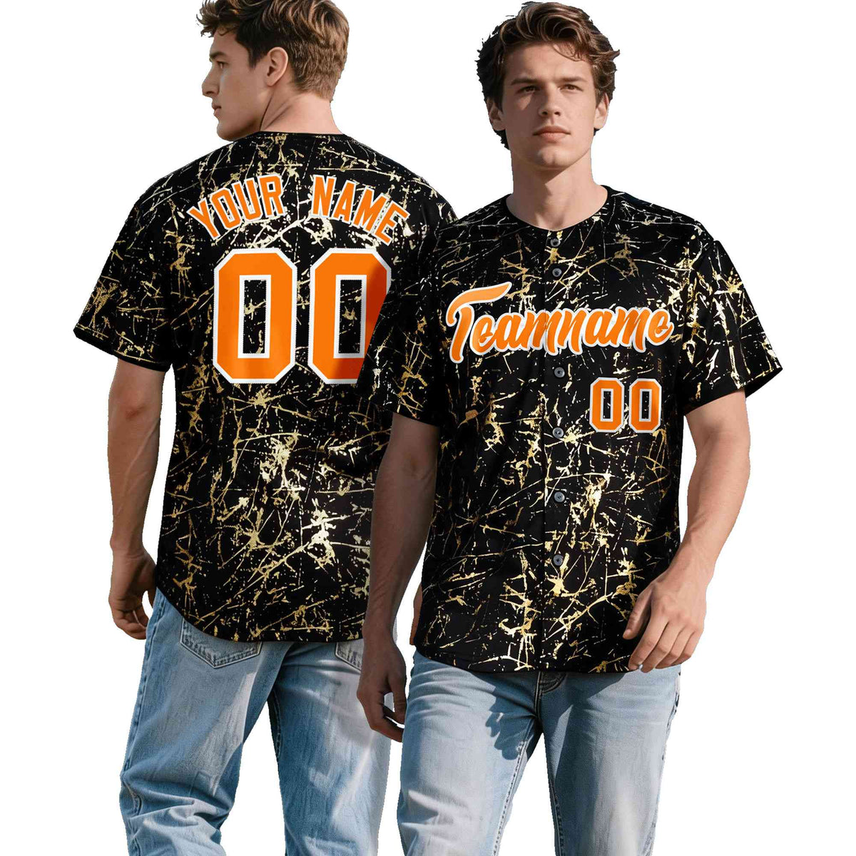 Custom Black Orange Metallic Gold Splatter Urban Streetwear Baseball Jersey