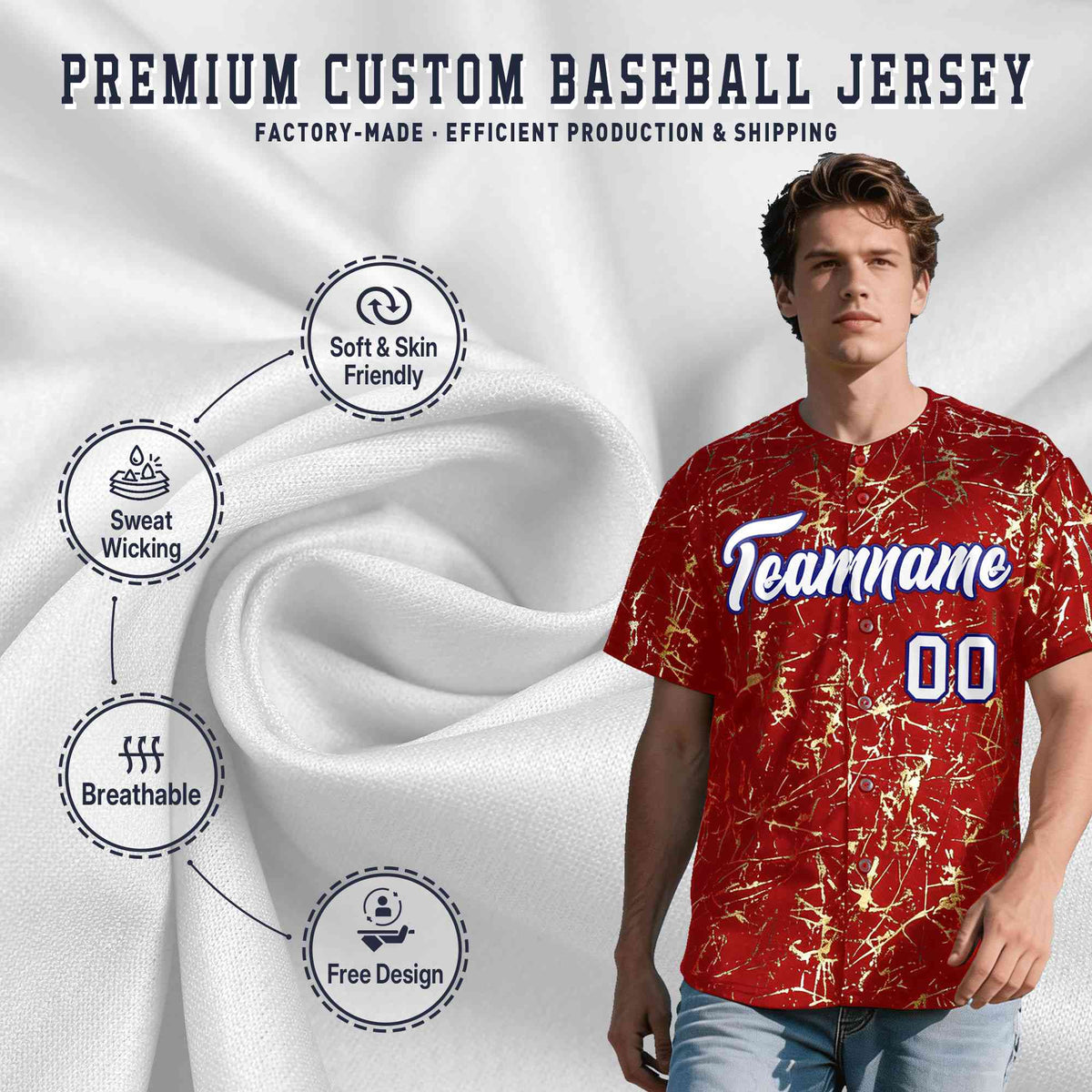 Custom Red White Black&Shiny Gold Cracked Foil Hip Hop Button Down Baseball Jersey