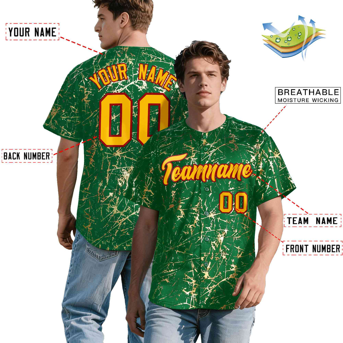 Custom Kelly Green Yellow Black&Gold Marble Print Clubwear Party Streetwear Baseball Jersey
