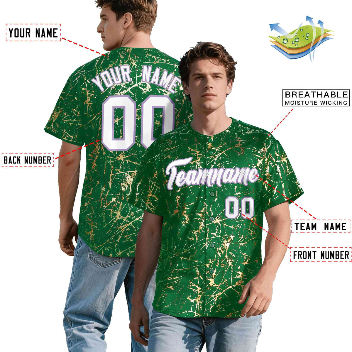 Custom Kelly Green White Black&Shiny Gold Cracked Foil Breathable Mesh Streetwear Baseball Jersey