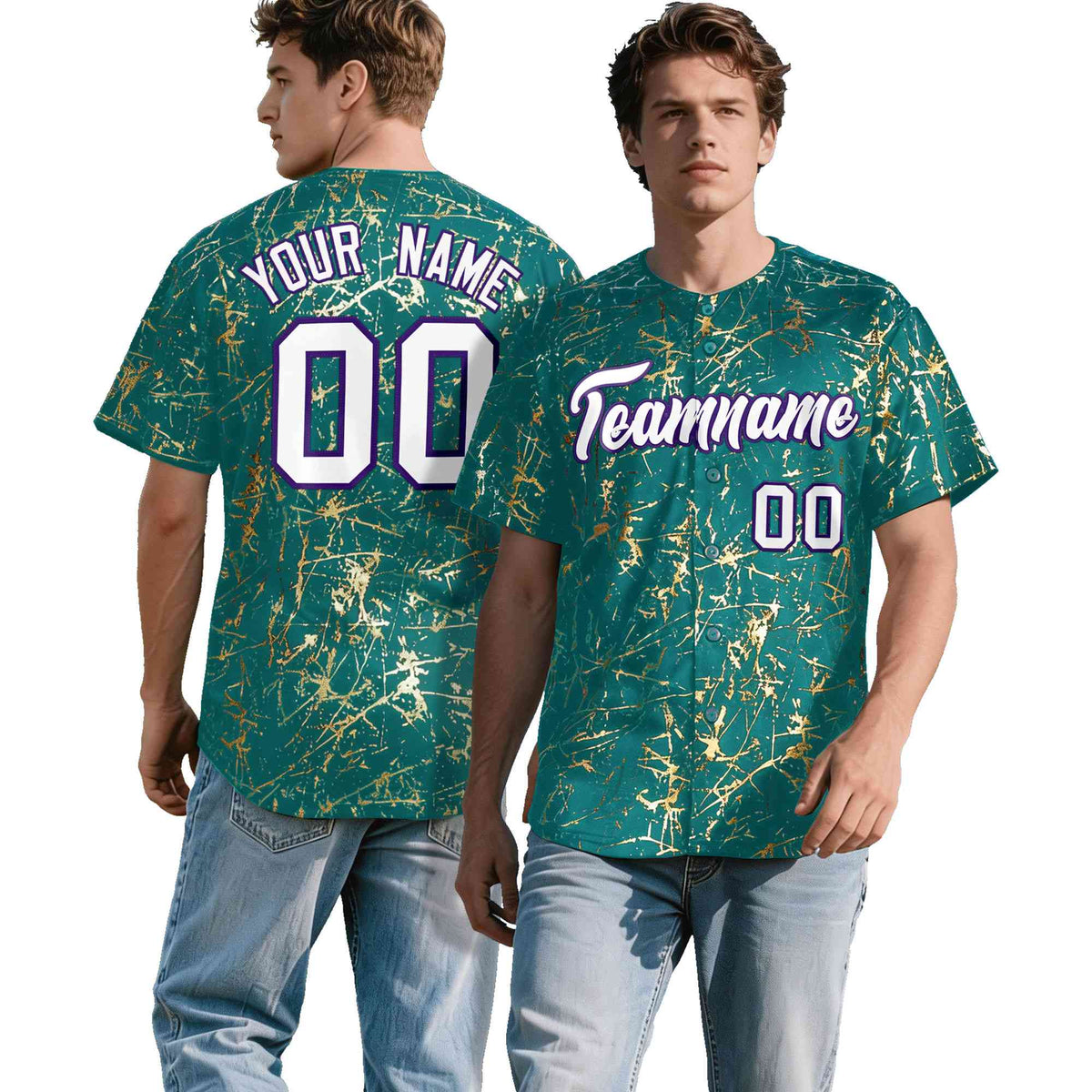 Custom Teal White Black&Shiny Gold Cracked Foil Breathable Mesh Streetwear Baseball Jersey