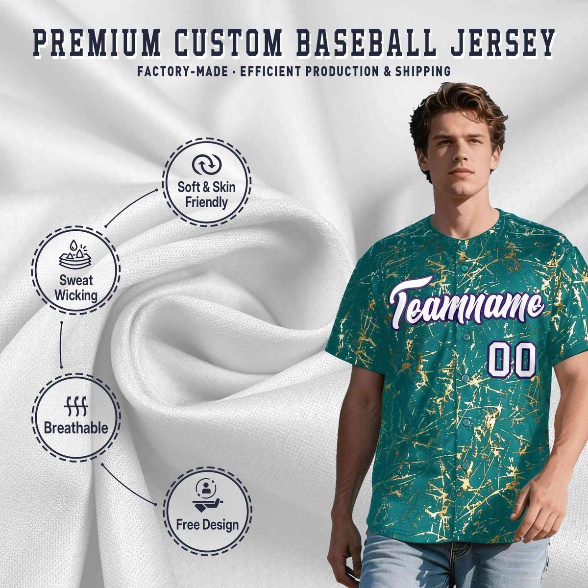 Custom Teal White Black&Shiny Gold Cracked Foil Breathable Mesh Streetwear Baseball Jersey