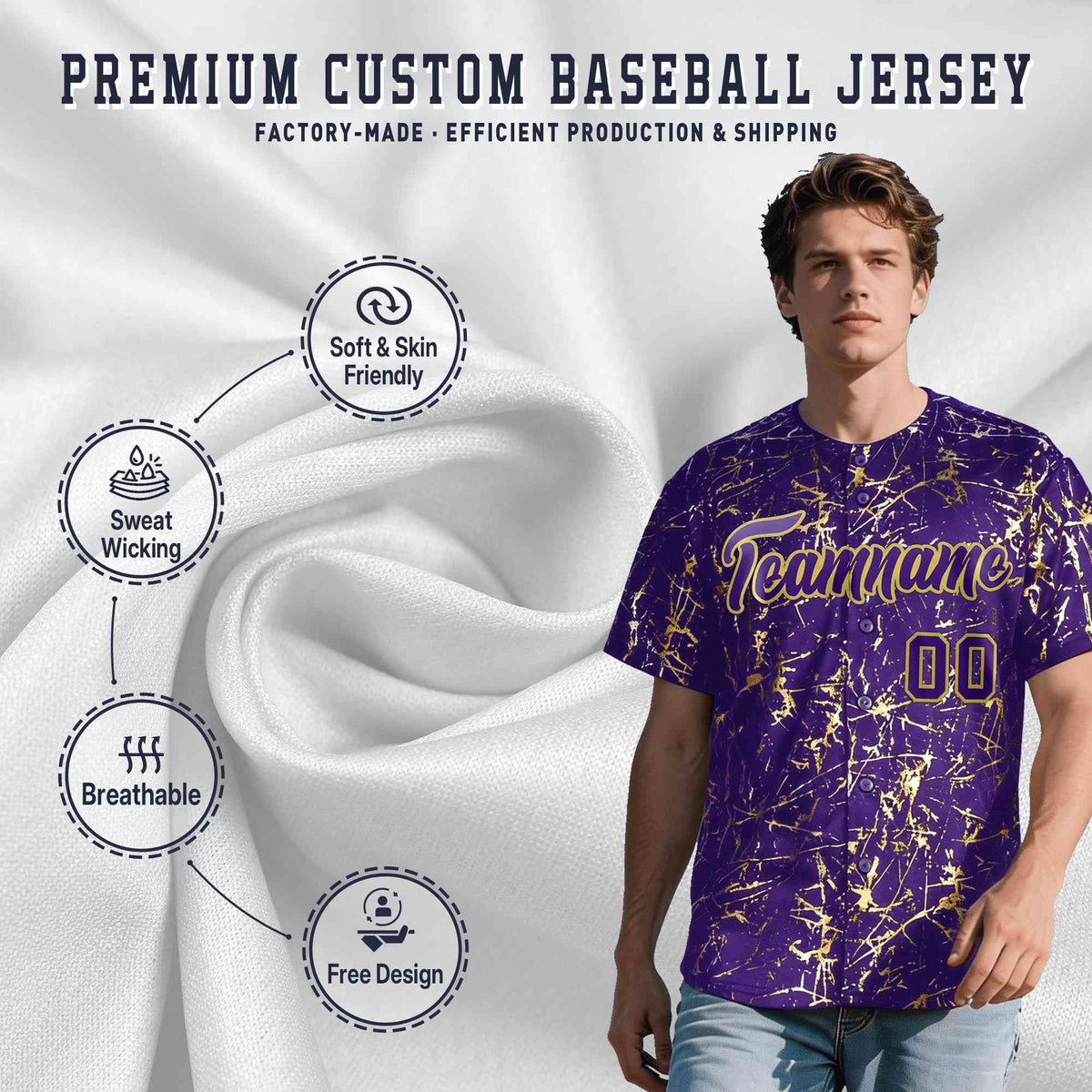 Custom Purple Old Gold Shiny Gold Cracked Texture Baseball Jersey
