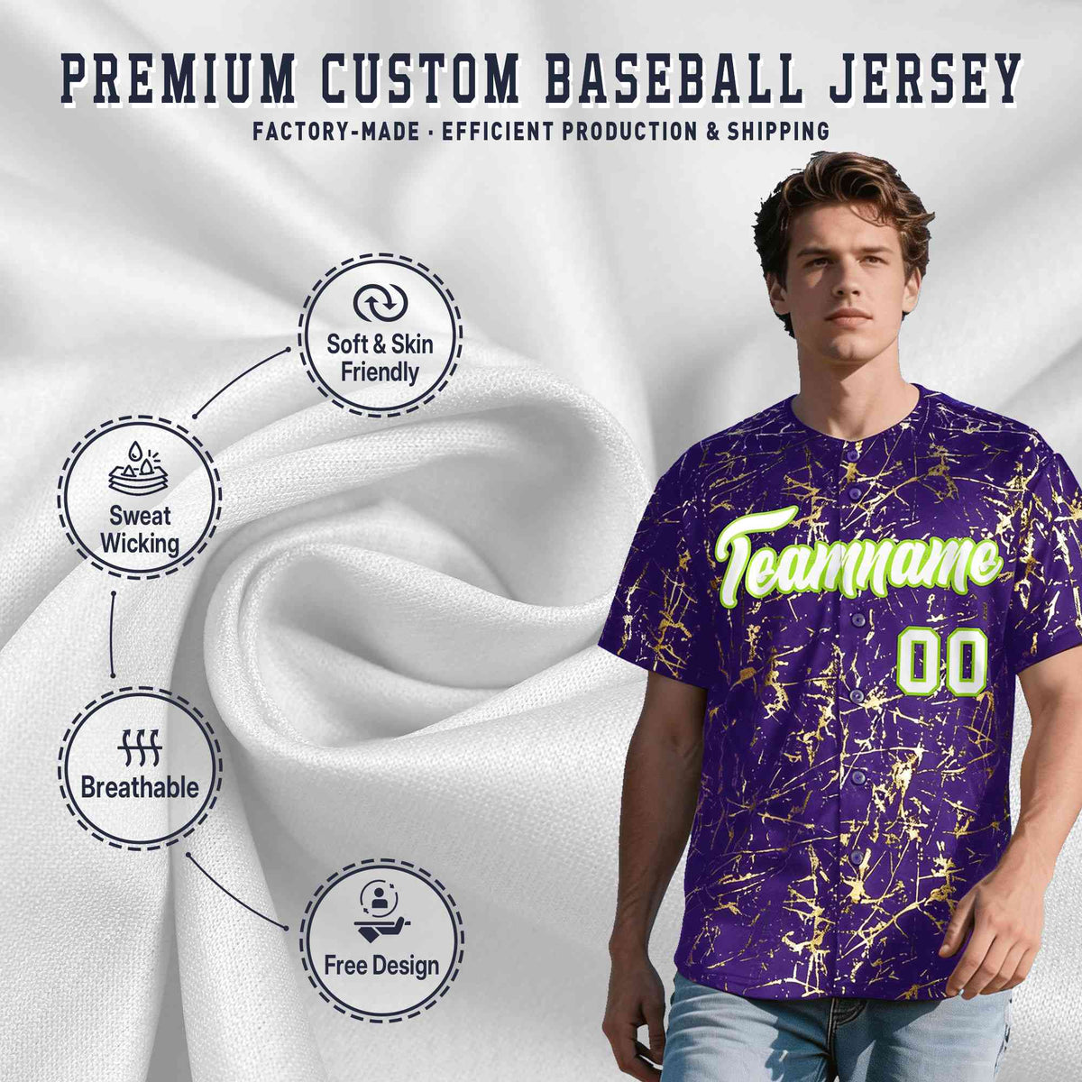Custom Purple White Black&Shiny Gold Cracked Foil Breathable Mesh Streetwear Baseball Jersey