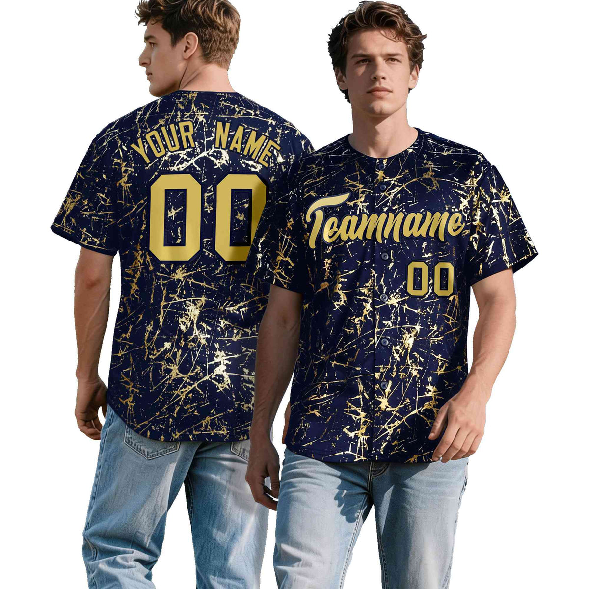 Custom Navy Old Gold Black&Shiny Gold Cracked Foil Hip Hop Button Down Baseball Jersey