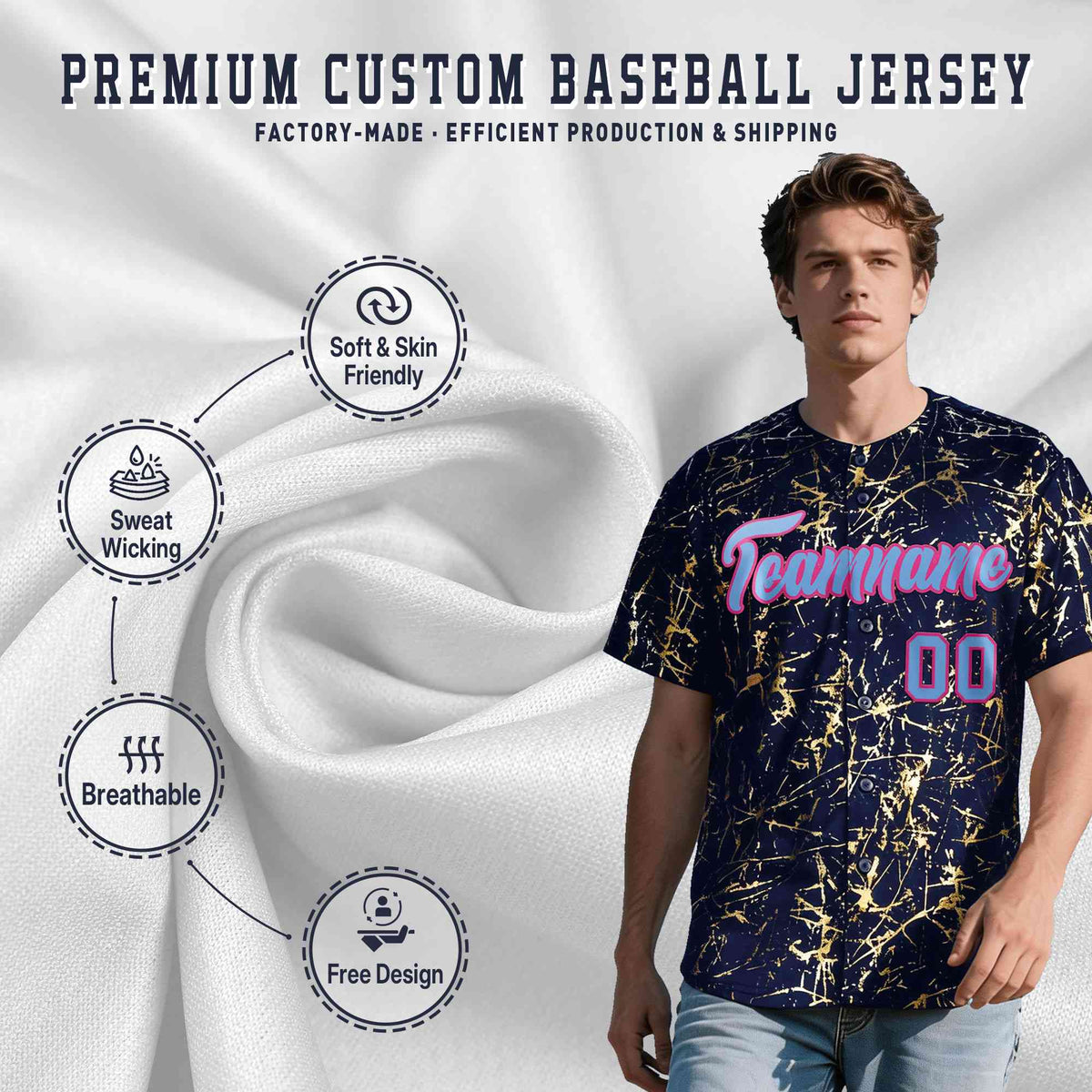Custom Navy Powder Blue Black&Gold Marble Print Clubwear Party Streetwear Baseball Jersey