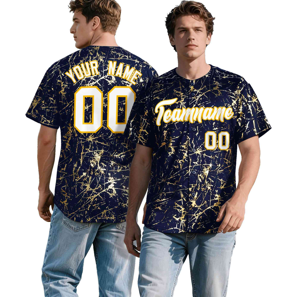 Custom Navy White Black&Shiny Gold Cracked Foil Breathable Mesh Streetwear Baseball Jersey