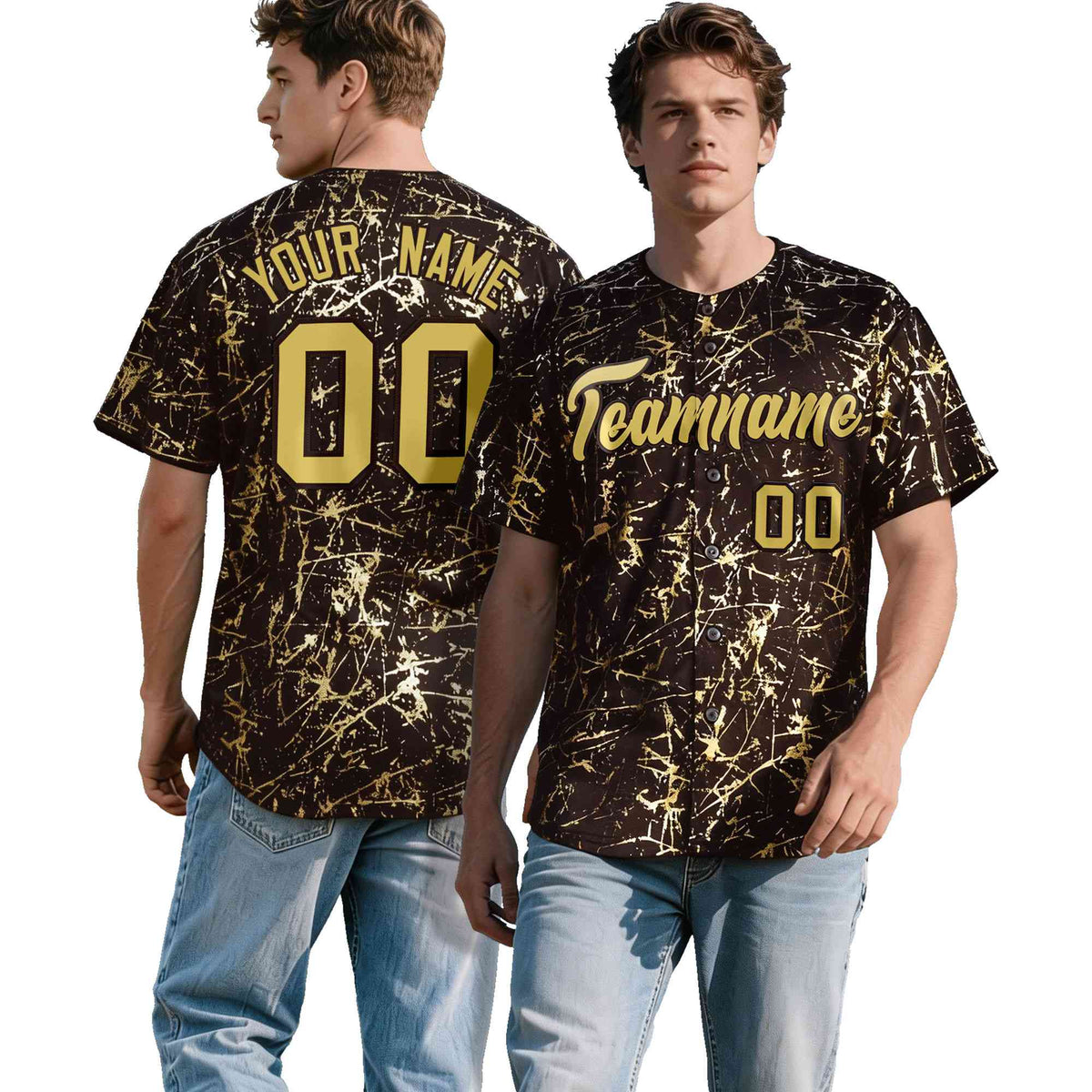 Custom Brown Old Gold Black&Shiny Gold Cracked Foil Hip Hop Button Down Baseball Jersey