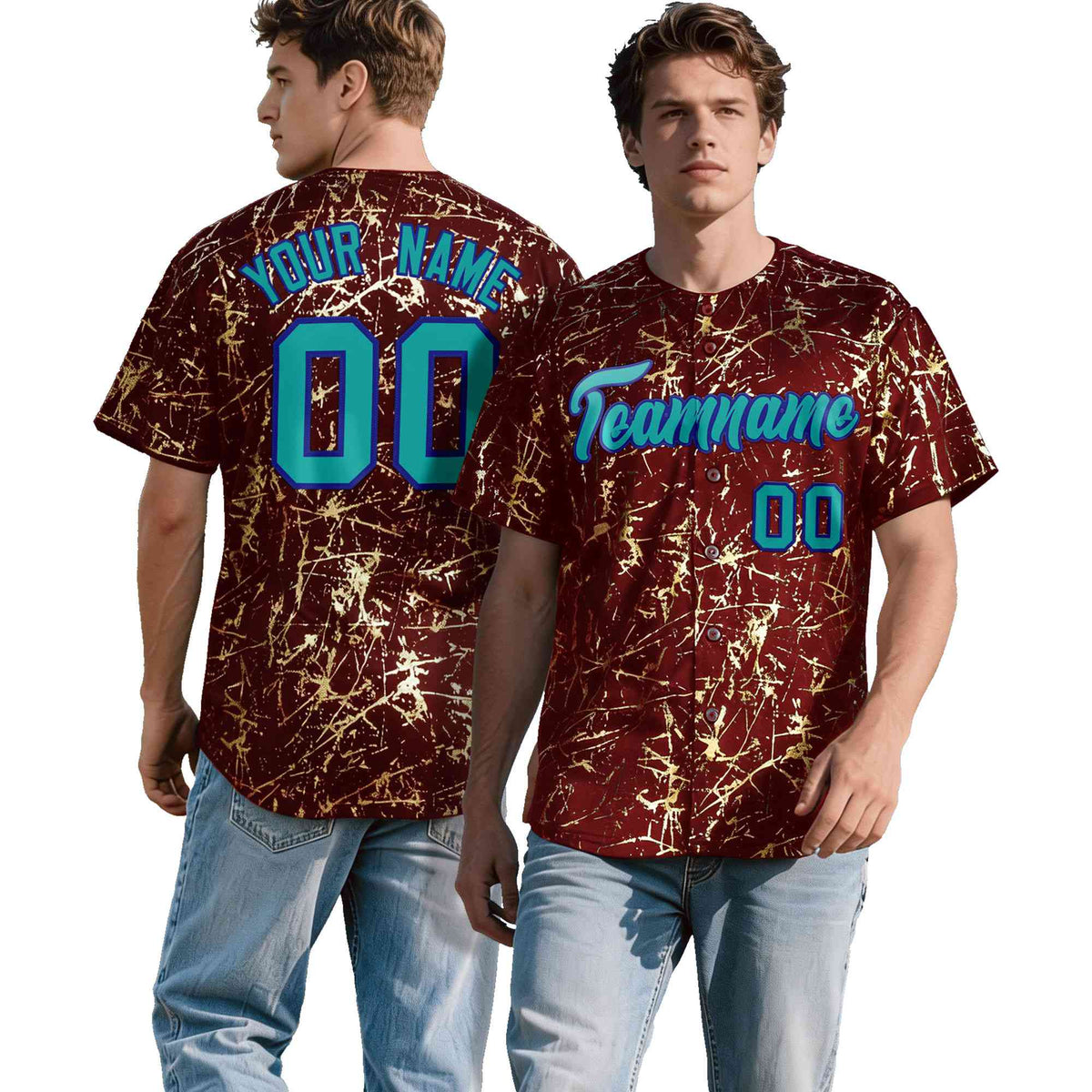 Custom Crimson Aqua Black&Gold Marble Print Clubwear Party Streetwear Baseball Jersey
