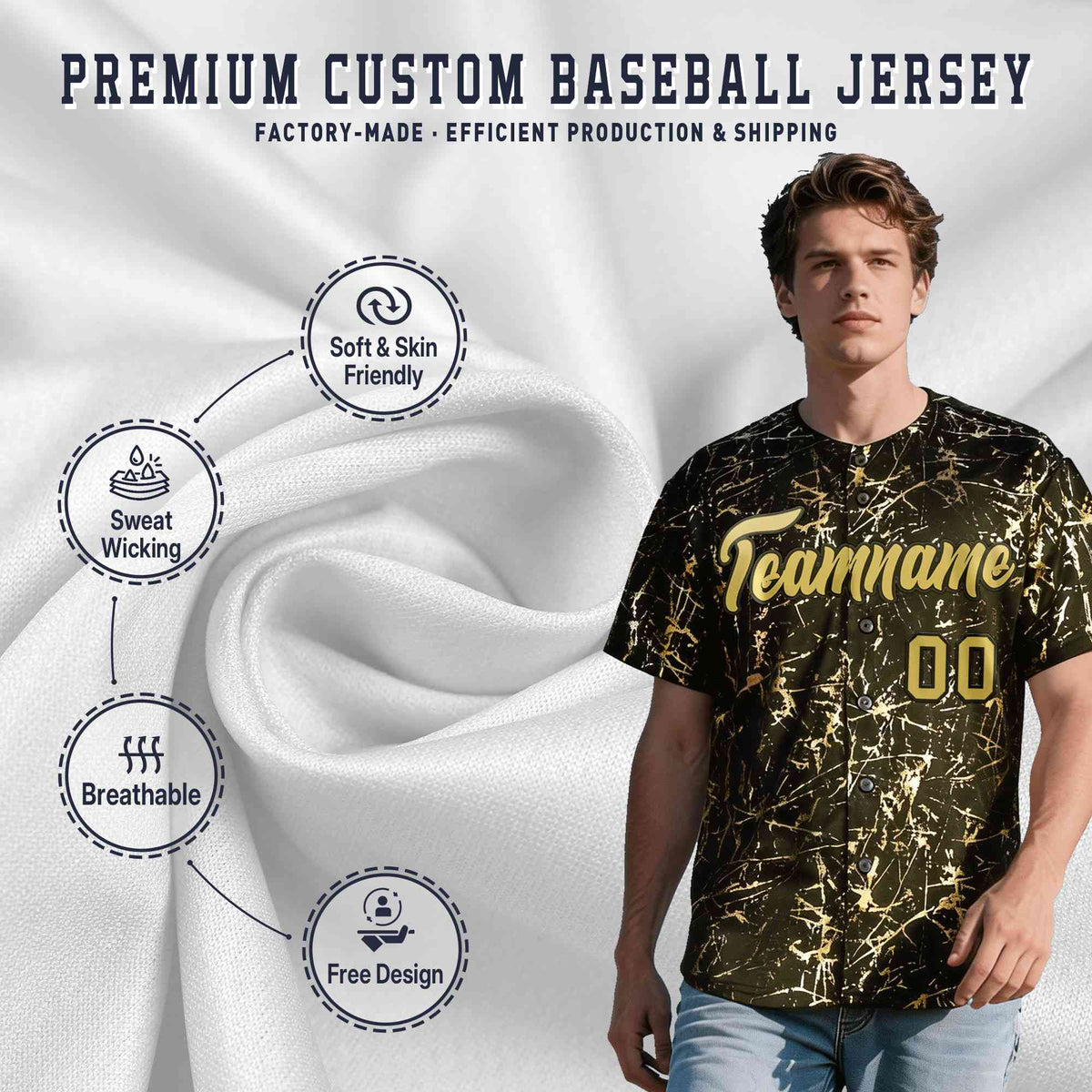 Custom Olive Old Gold Black&Shiny Gold Cracked Foil Hip Hop Button Down Baseball Jersey