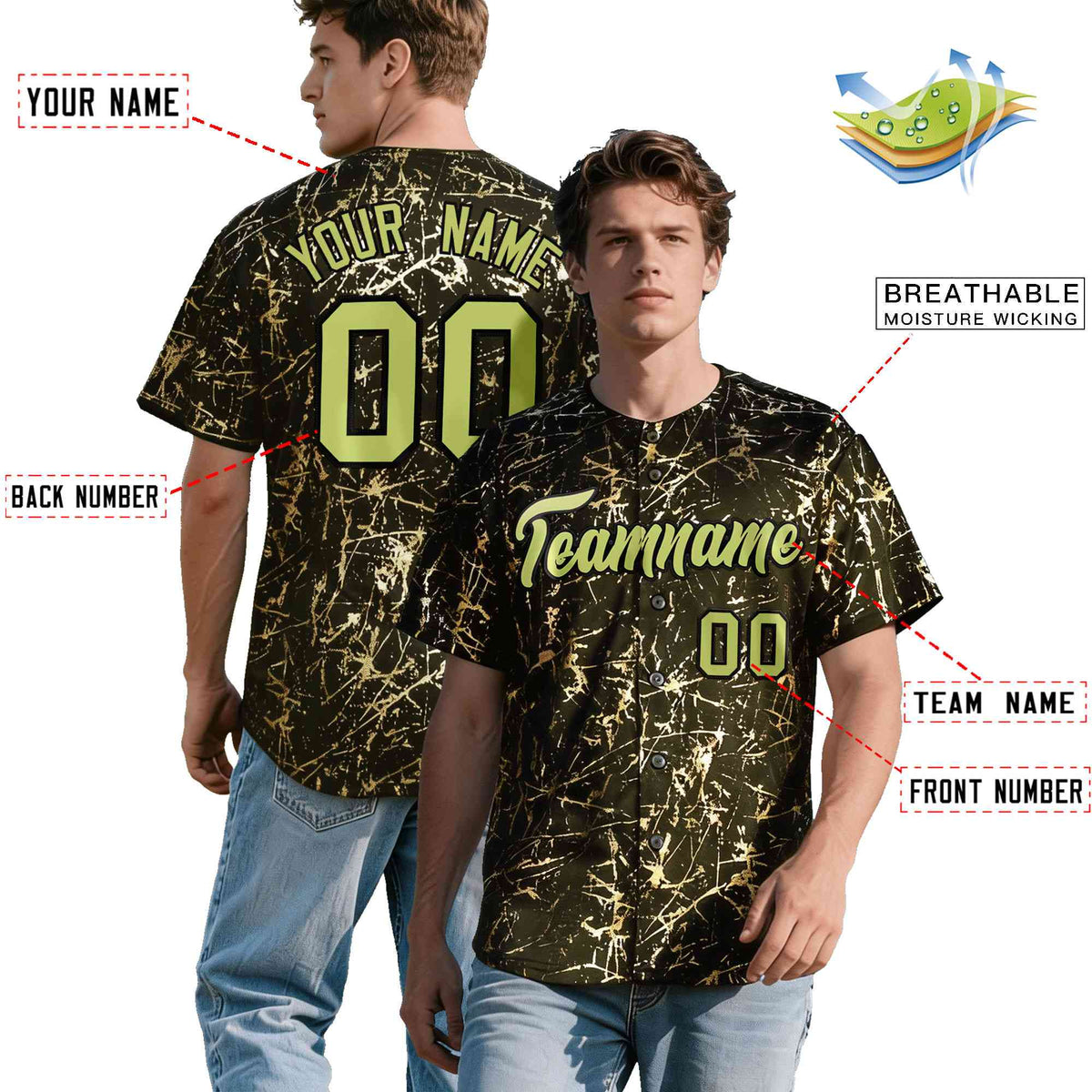 Custom Olive Champagne Black&Gold Marble Print Clubwear Party Streetwear Baseball Jersey