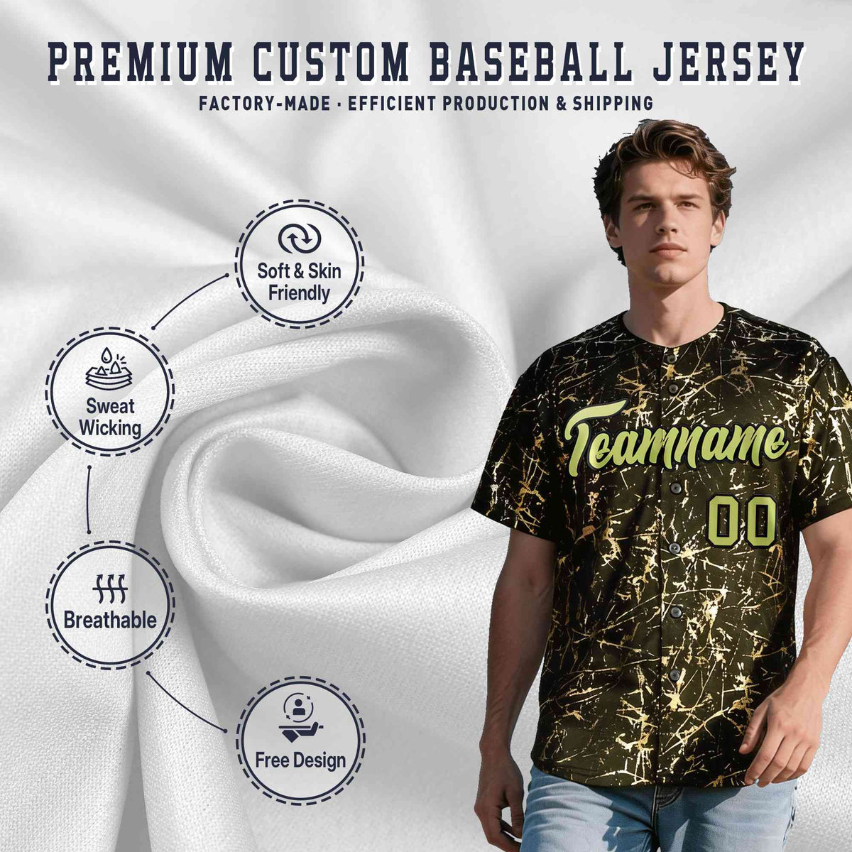 Custom Olive Champagne Black&Gold Marble Print Clubwear Party Streetwear Baseball Jersey