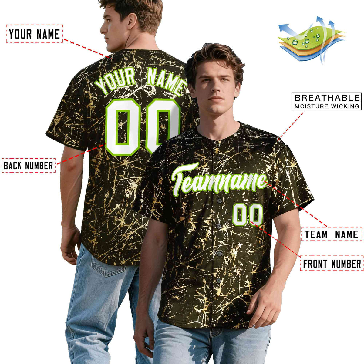 Custom Olive White Black&Shiny Gold Cracked Foil Breathable Mesh Streetwear Baseball Jersey
