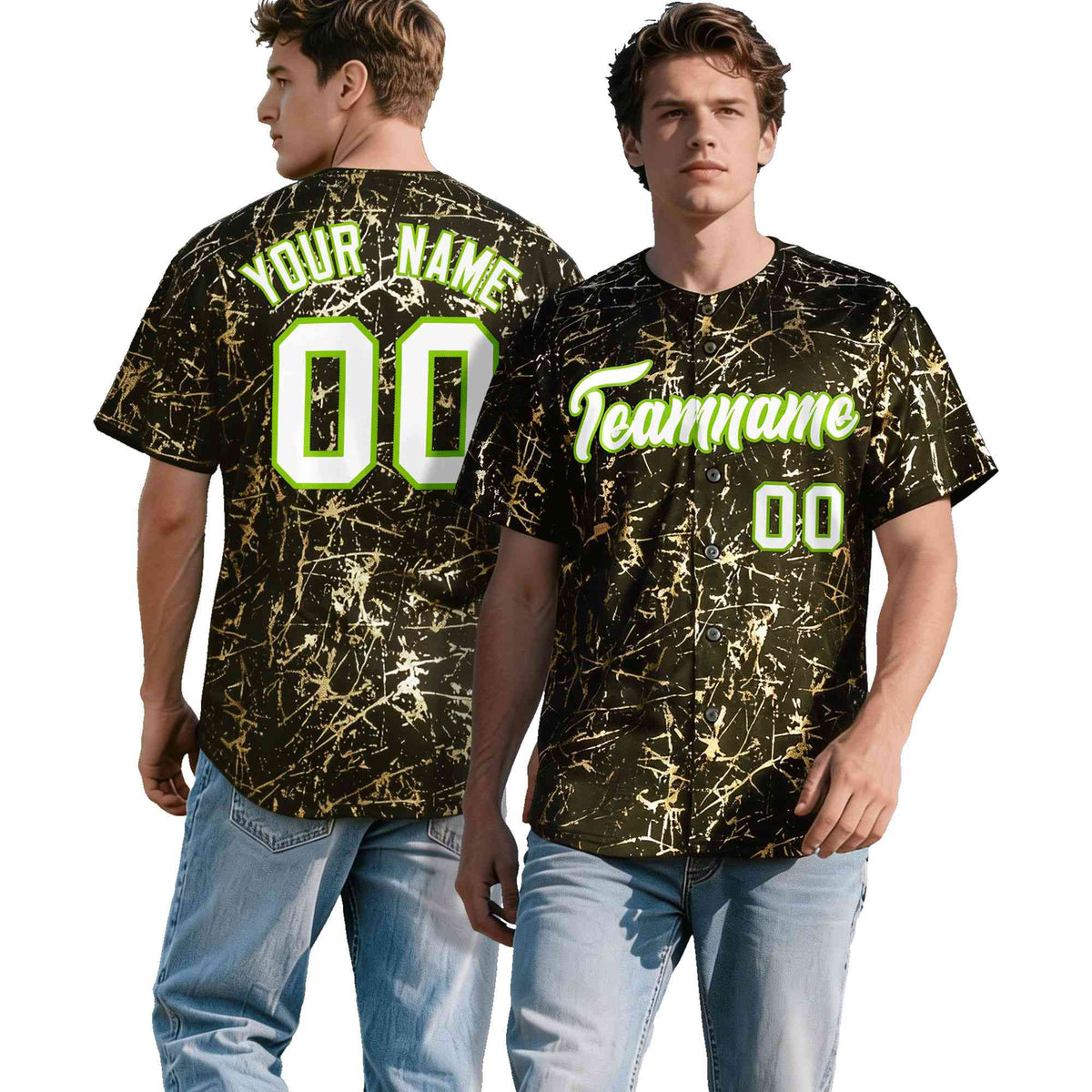 Custom Olive White Black&Shiny Gold Cracked Foil Breathable Mesh Streetwear Baseball Jersey
