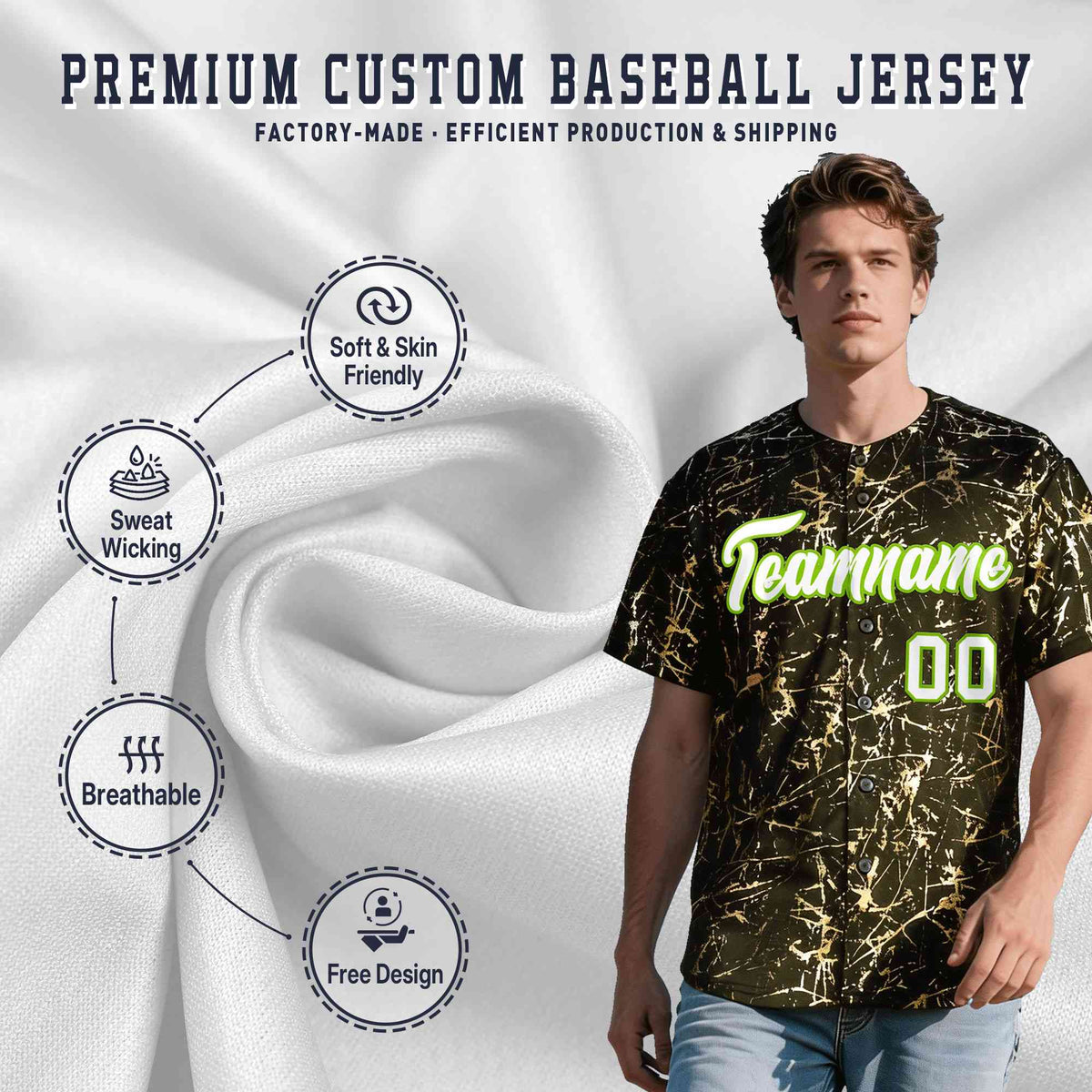 Custom Olive White Black&Shiny Gold Cracked Foil Breathable Mesh Streetwear Baseball Jersey