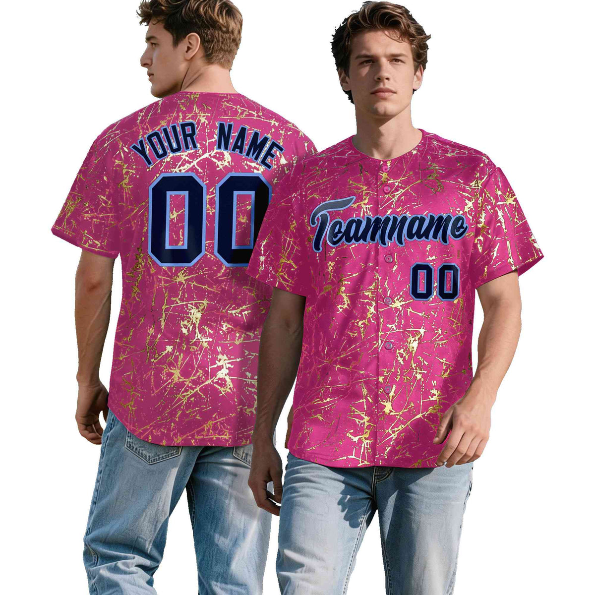 Custom Pink Navy Metallic Gold Splatter Breathable&Wrinkle-Resistant Baseball Jersey