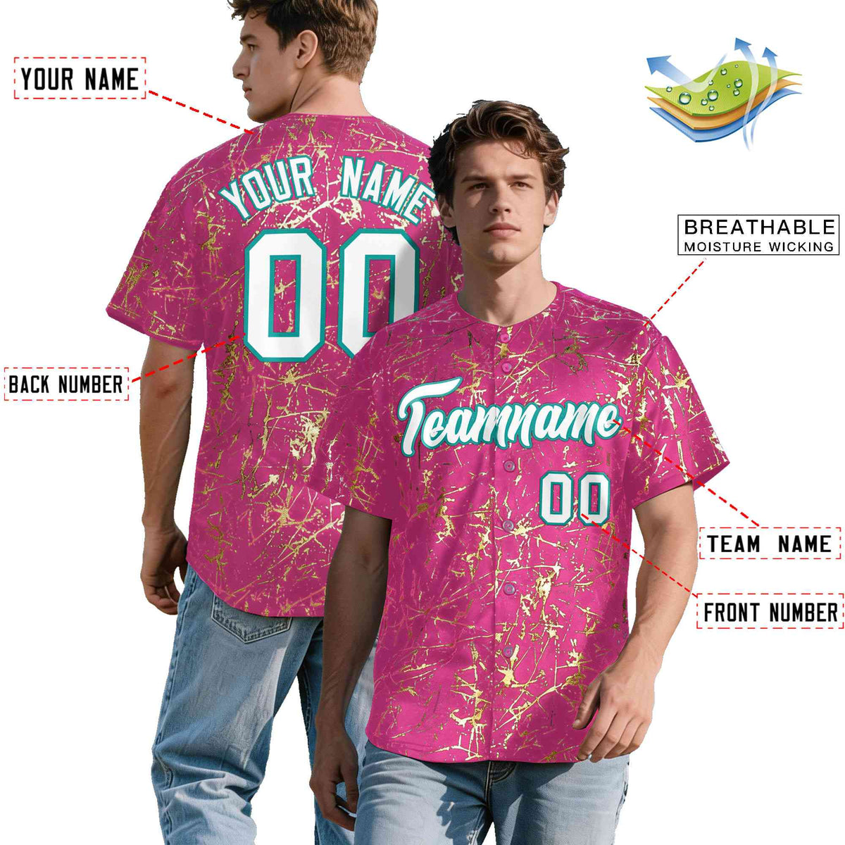 Custom Pink White Black&Shiny Gold Cracked Foil Breathable Mesh Streetwear Baseball Jersey