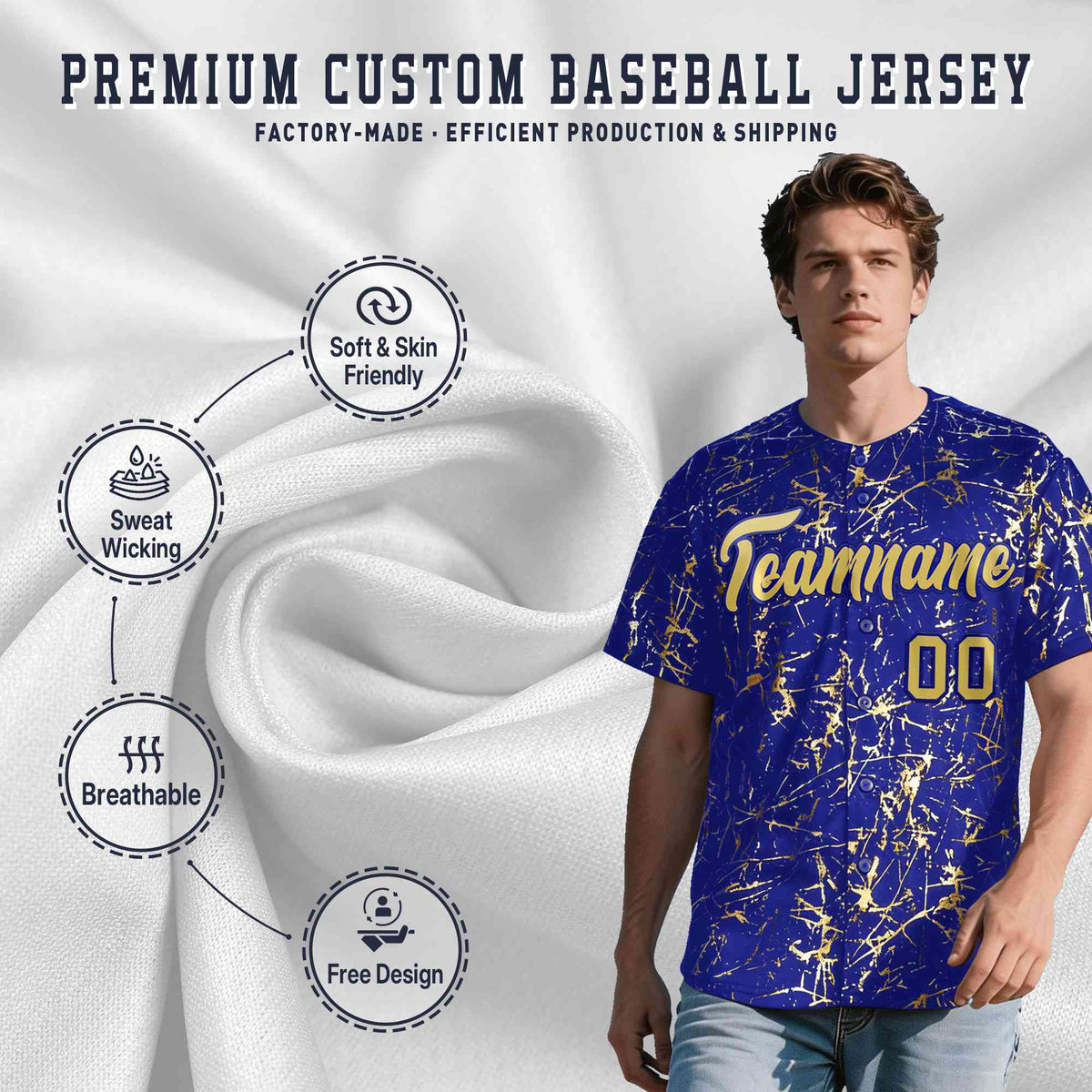 Custom Royal Old Gold Black&Shiny Gold Cracked Foil Hip Hop Button Down Baseball Jersey