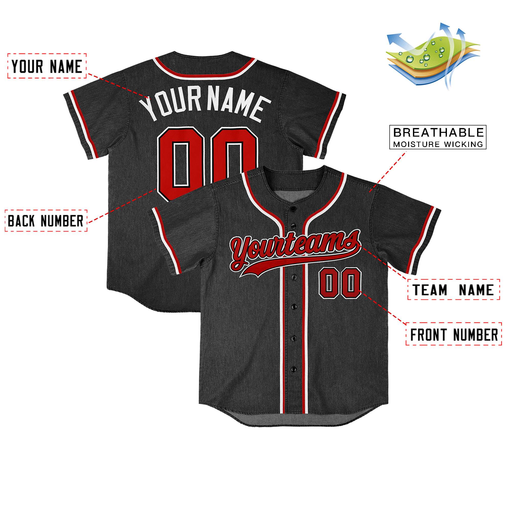 Custom Black Personalized Denim Baseball Jersey For Men Women Boy| KXKSHOP