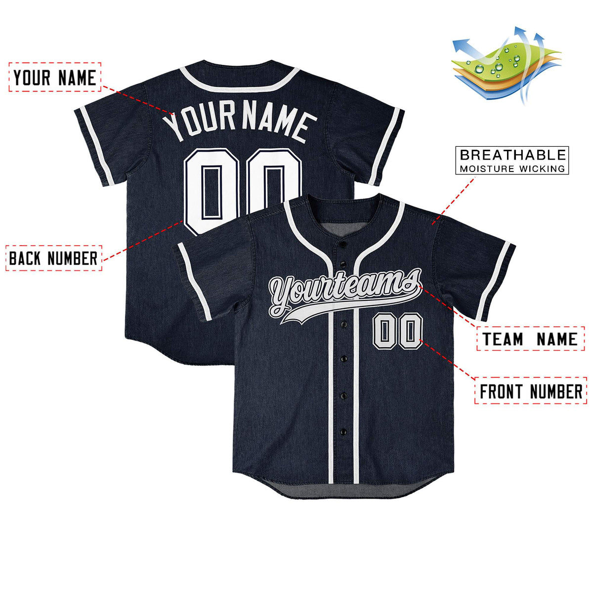 Custom Navy Personalized Denim Baseball Jersey For Men Women Boy| KXKSHOP