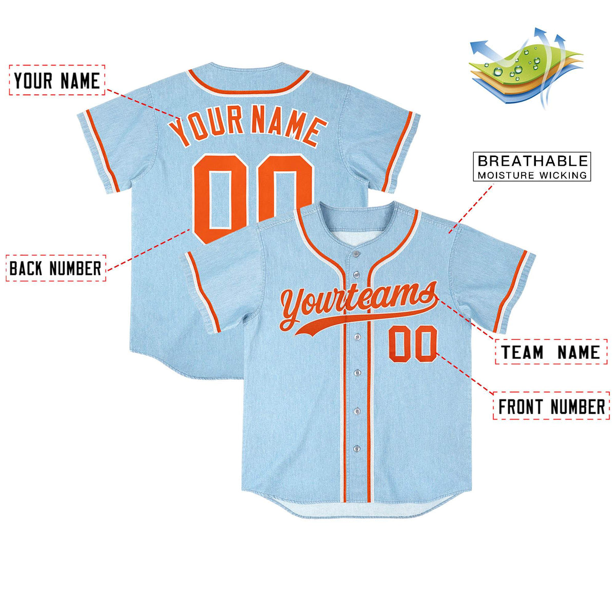 Custom Powder Blue Personalized Denim Baseball Jersey For Men Women Boy| KXKSHOP