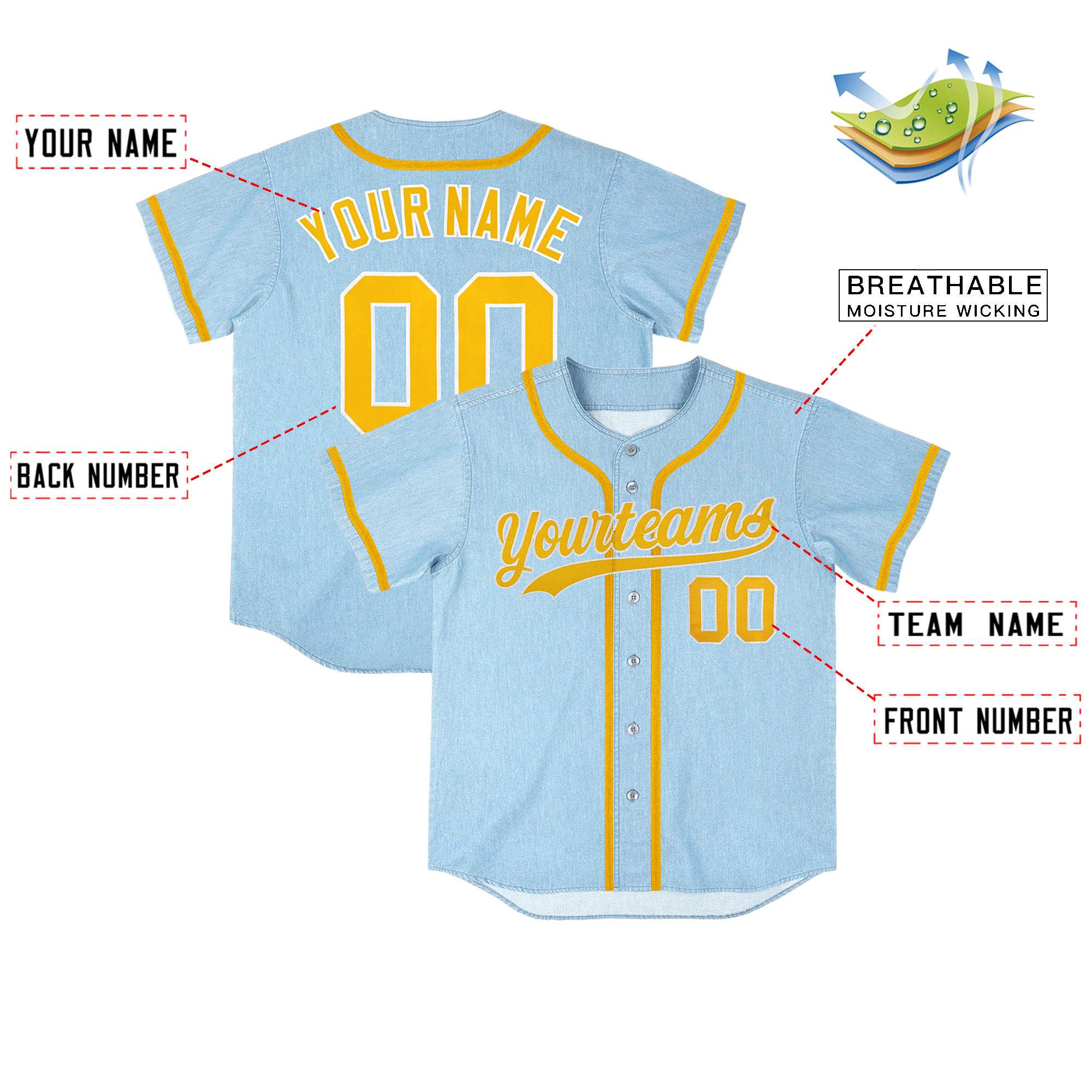 Custom Powder Blue Personalized Denim Baseball Jersey For Men Women Boy| KXKSHOP