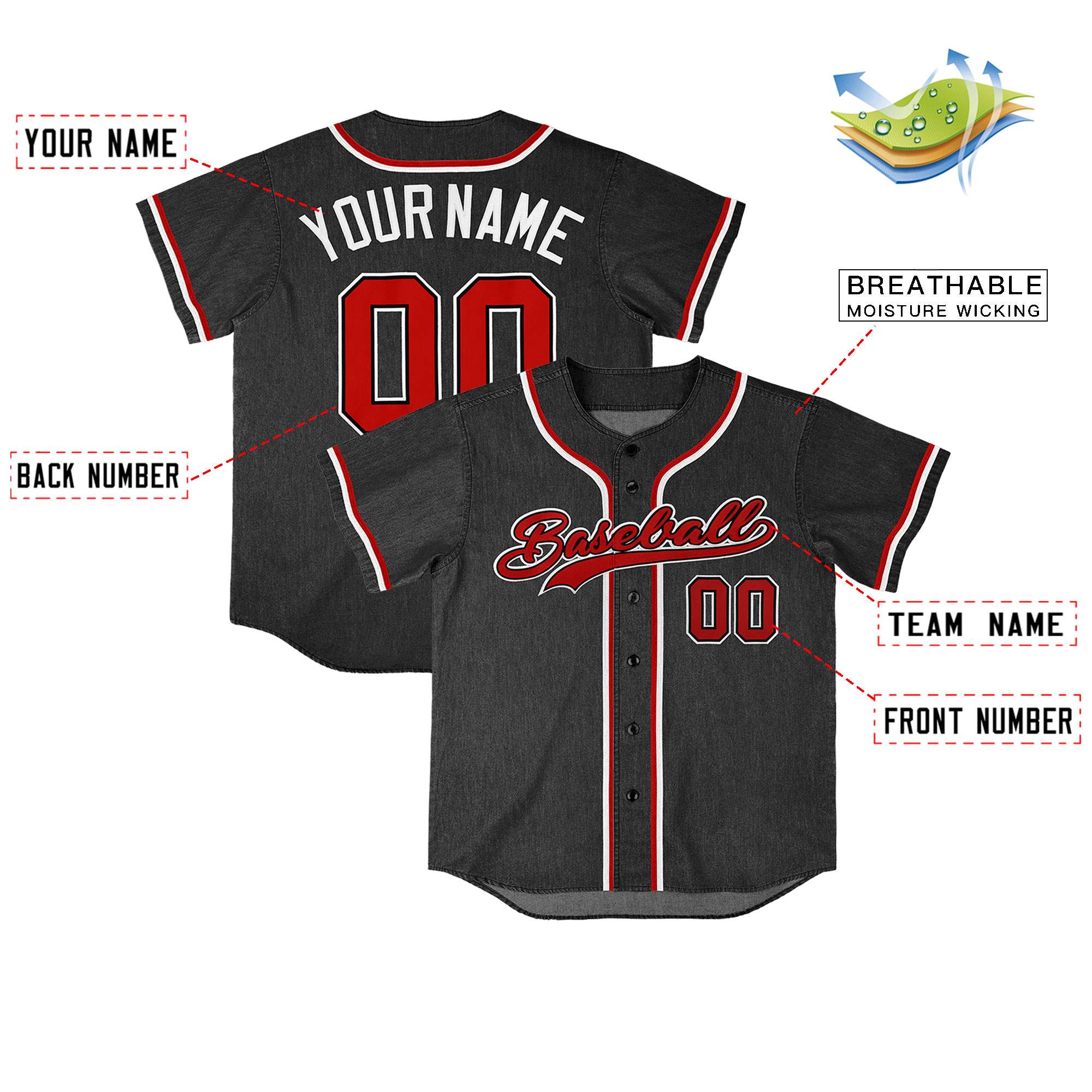 Custom Black Personalized Denim Baseball Jersey For Men Women Boy| KXKSHOP