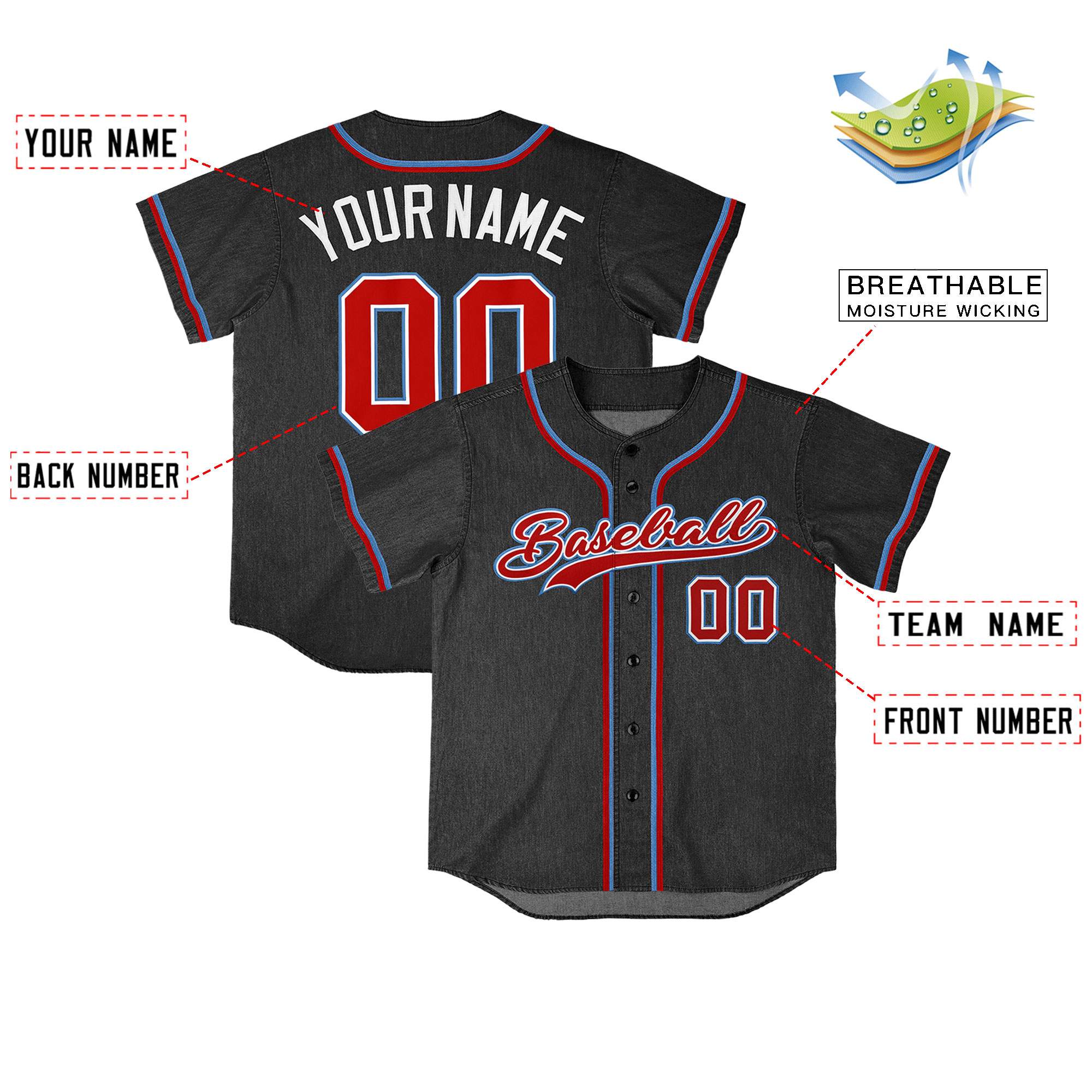 Custom Black Personalized Denim Baseball Jersey For Men Women Boy| KXKSHOP
