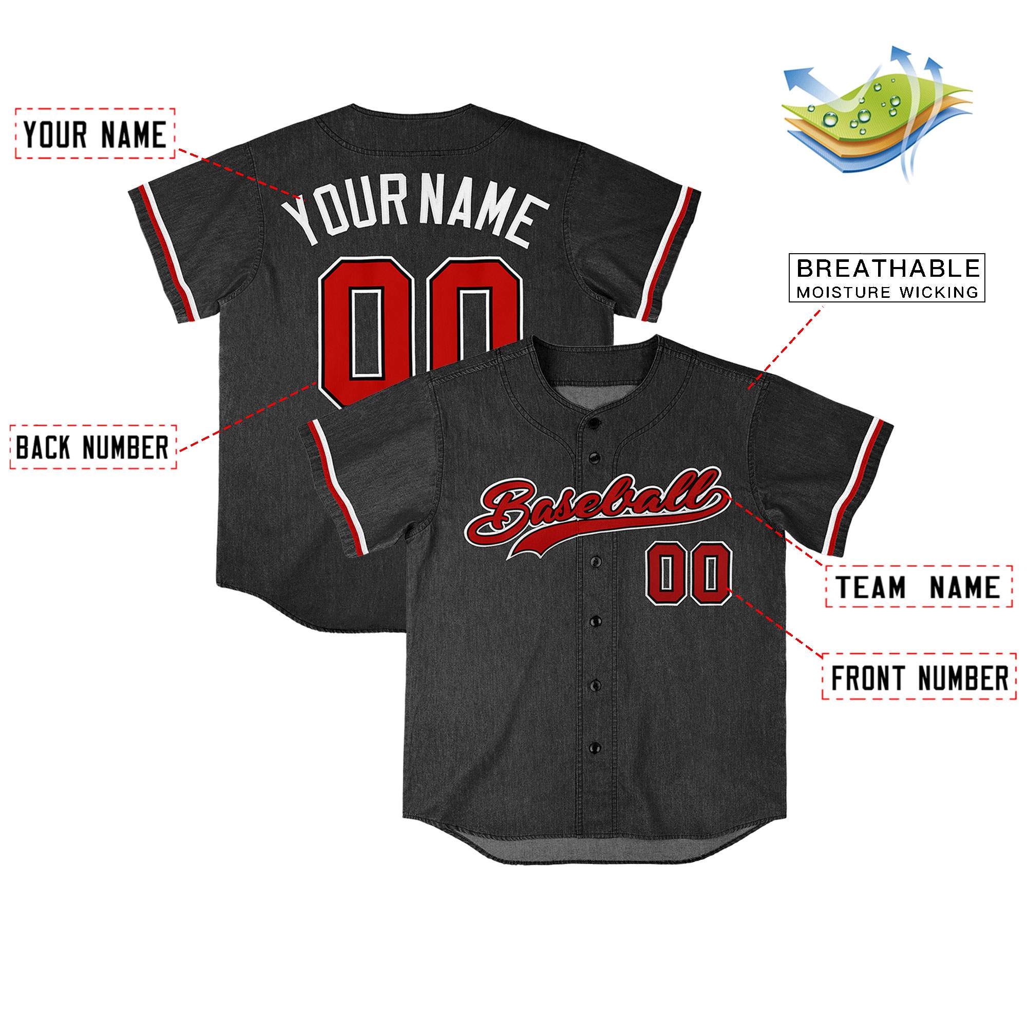 Custom Black Personalized Denim Baseball Jersey For Men Women Boy| KXKSHOP