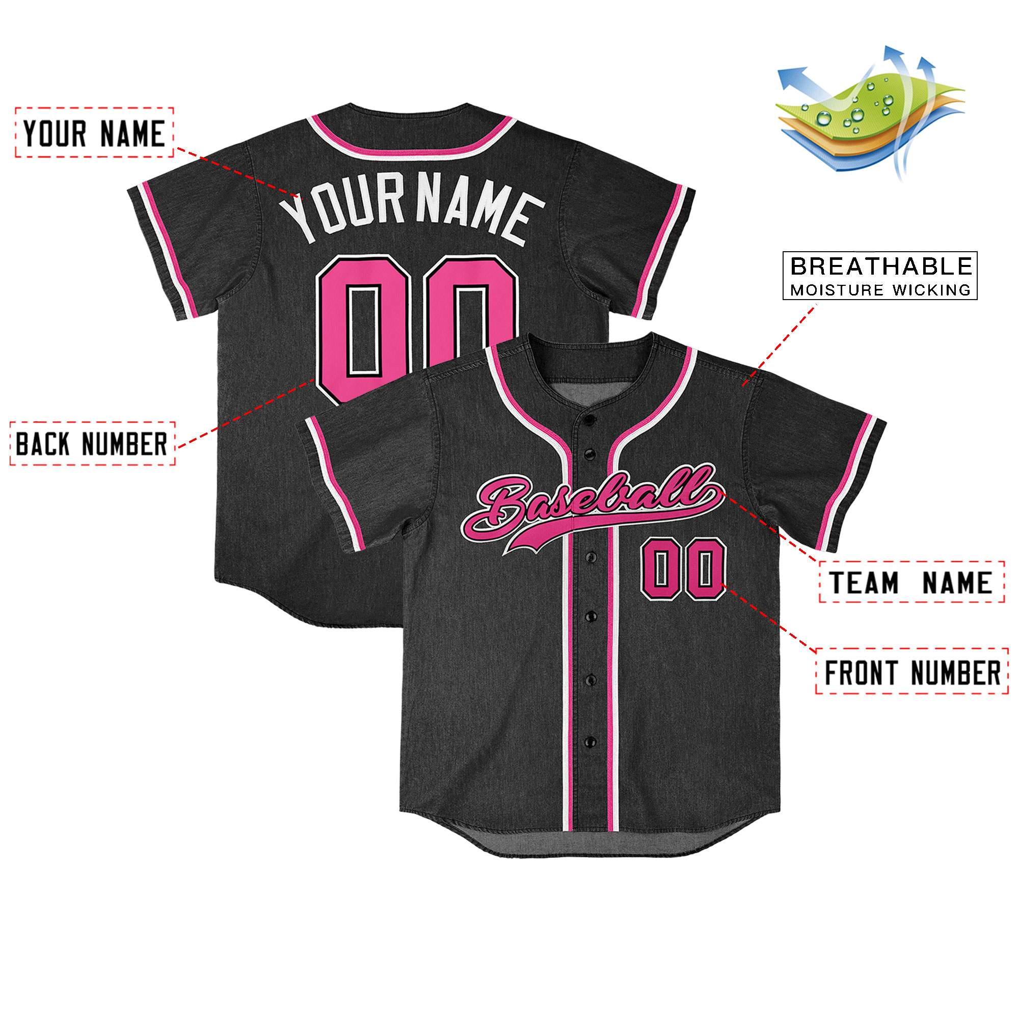 Custom Black Personalized Denim Baseball Jersey For Men Women Boy| KXKSHOP