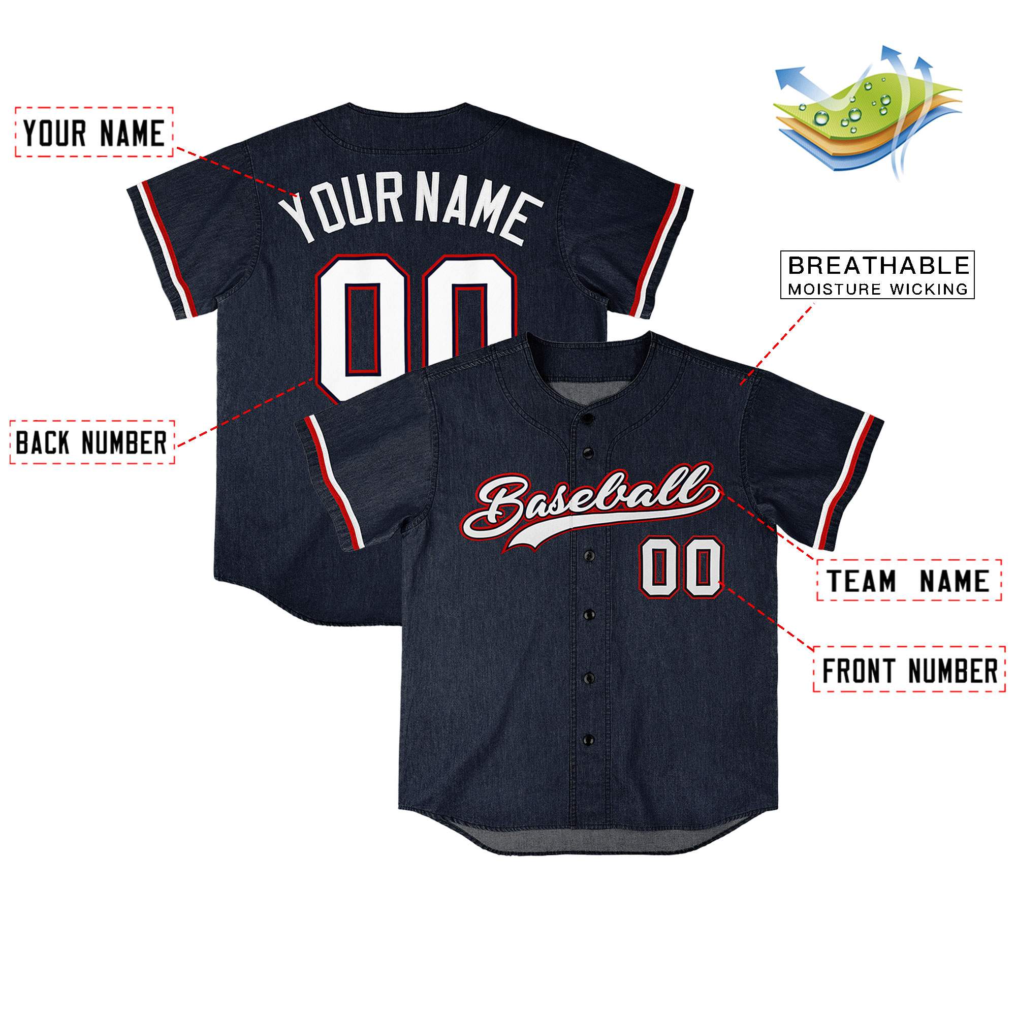 Custom Navy Personalized Denim Baseball Jersey For Men Women Boy| KXKSHOP