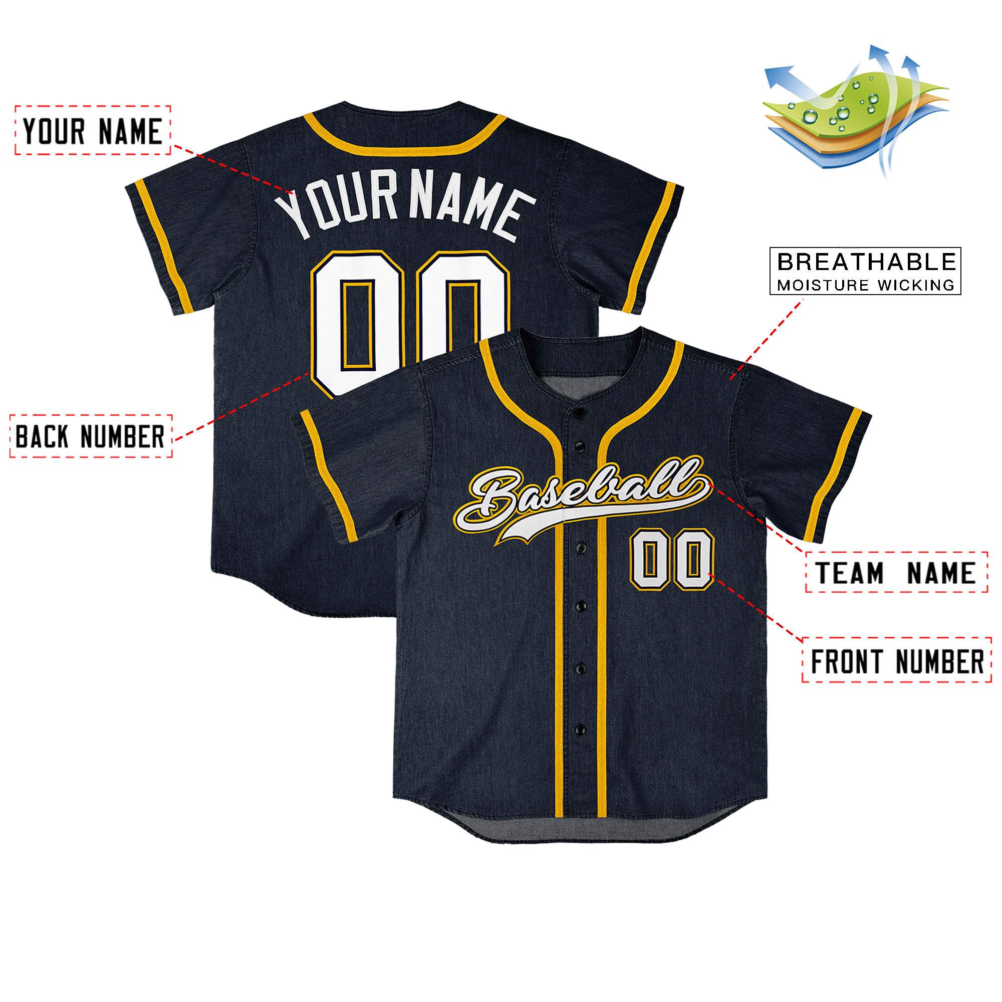 Custom Navy Personalized Denim Baseball Jersey For Men Women Boy| KXKSHOP