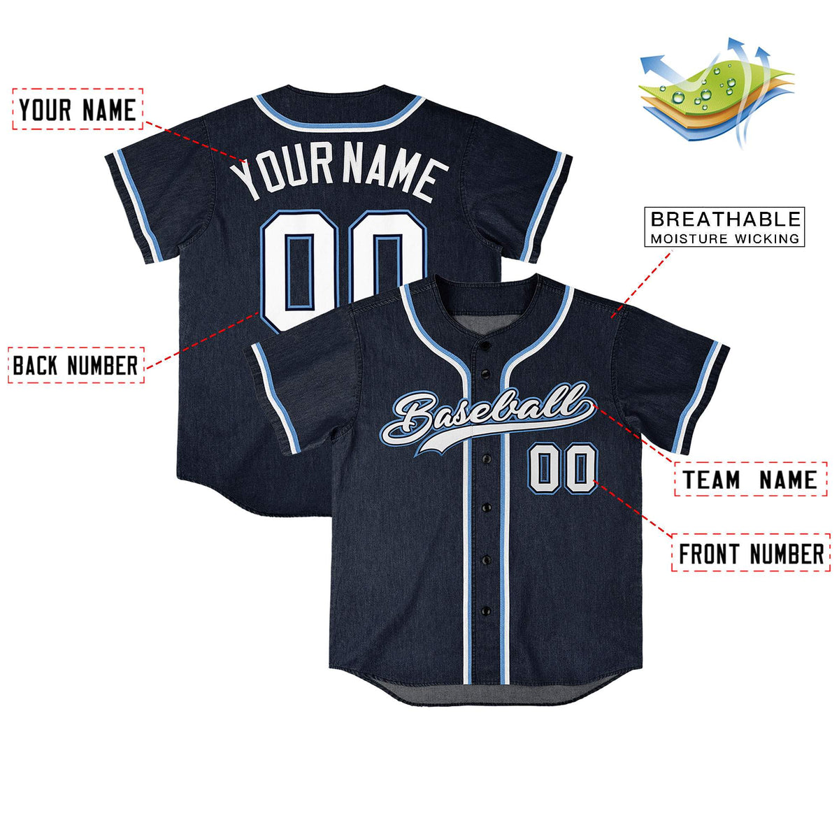 Custom Navy Personalized Denim Baseball Jersey For Men Women Boy| KXKSHOP